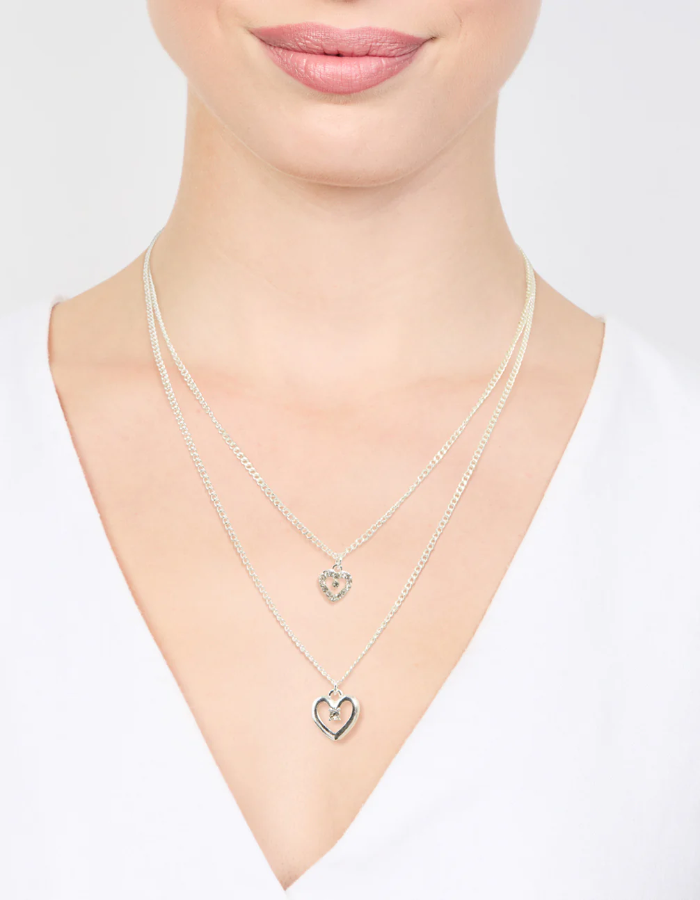 Silver Double Chain Heart Diamante Necklace - Image 2