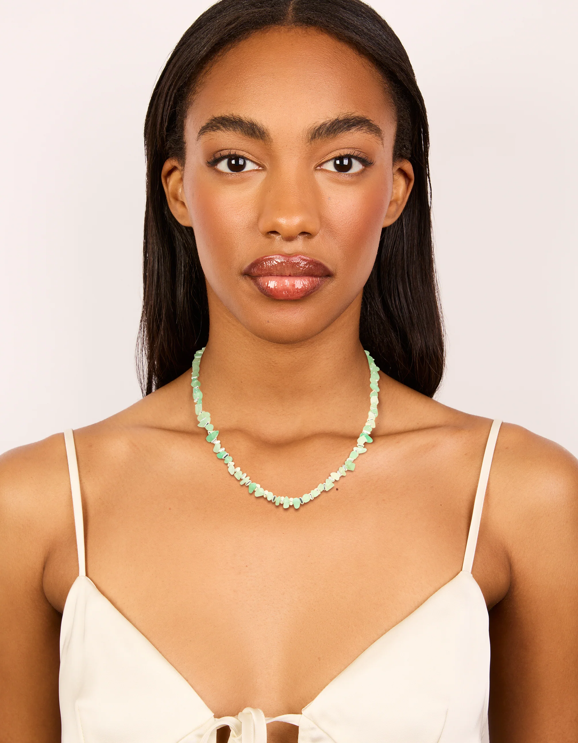 Silver Plated Green Semi Precious Stone Triangle Chip Necklace - Image 3