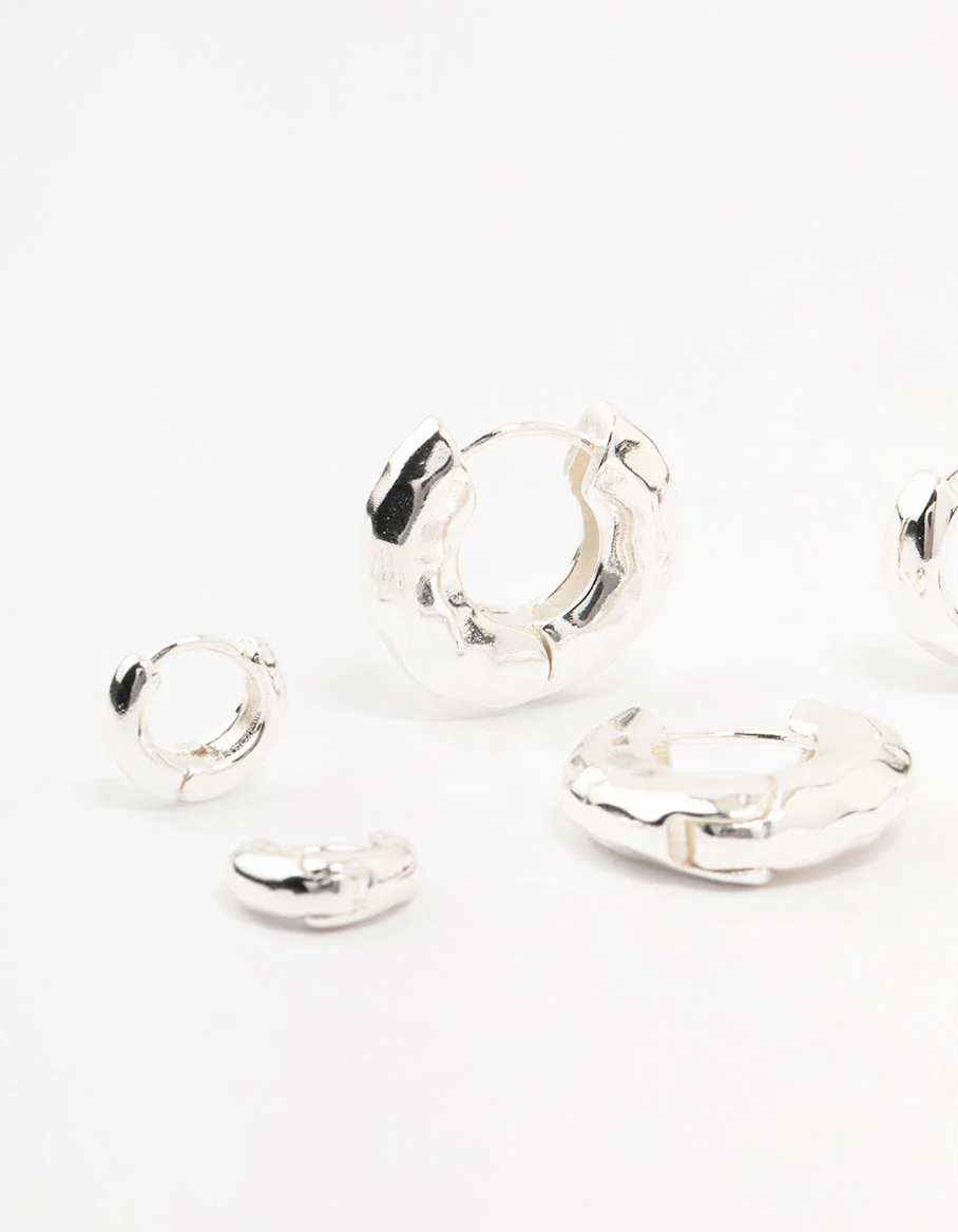 Silver Plated Brass  Hammered Graduating Hoop Earrings 3-Pack - Image 2
