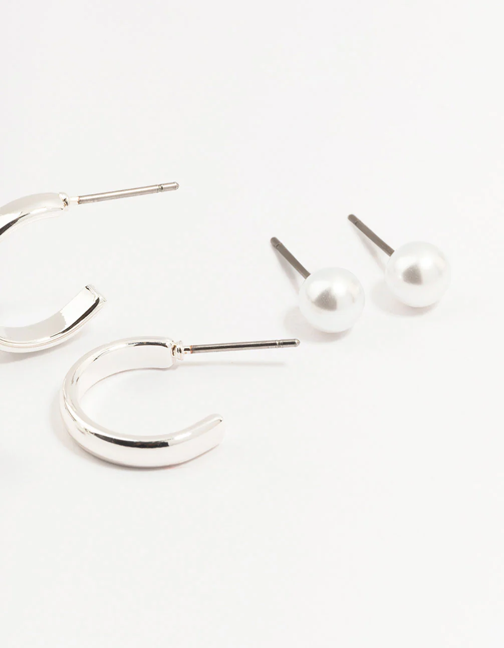 Silver Pearl Stud & Hoop Earrings 3-Pack - Image 3