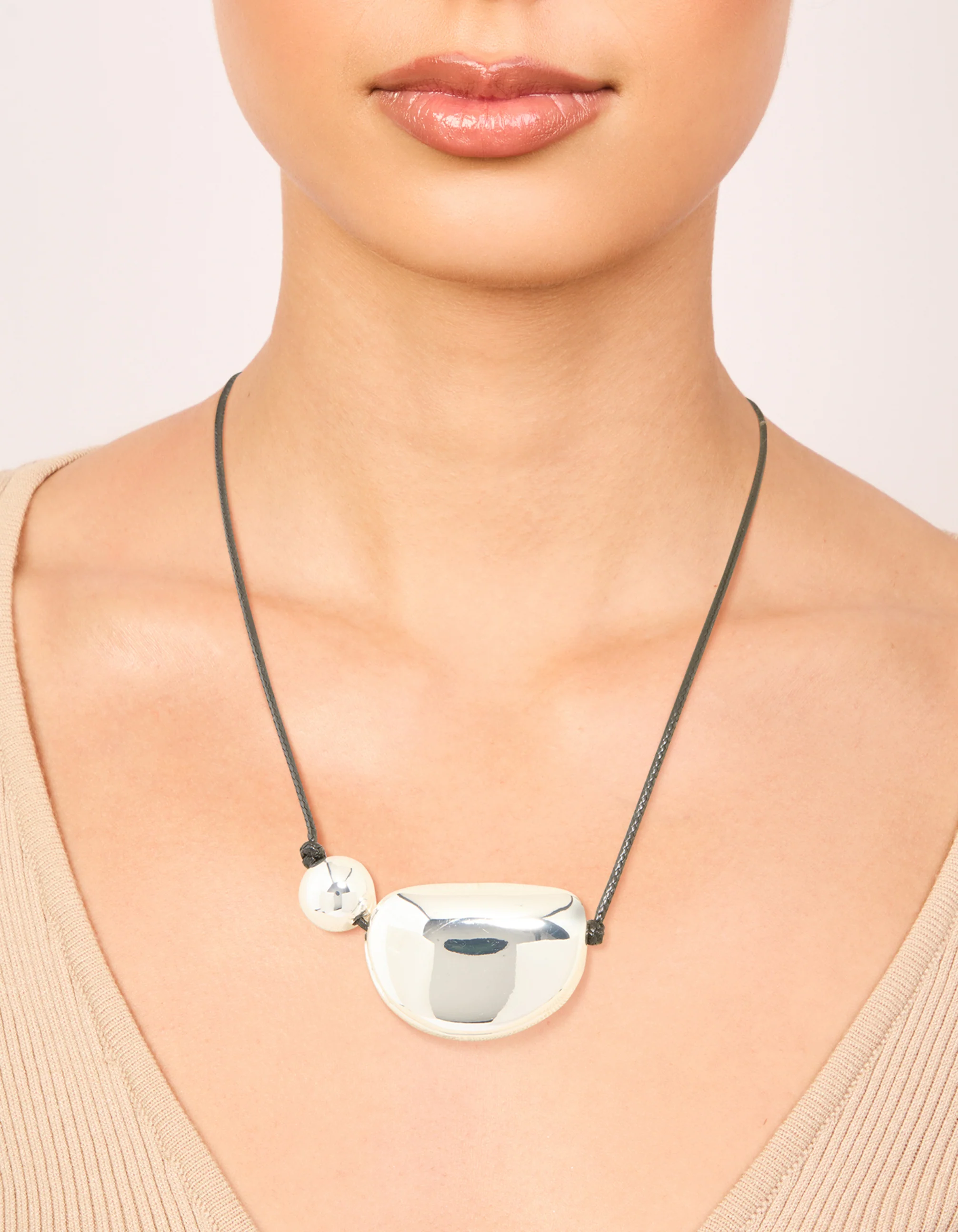 Silver Plated Pebble Cord Large Pendant Necklace - Image 2