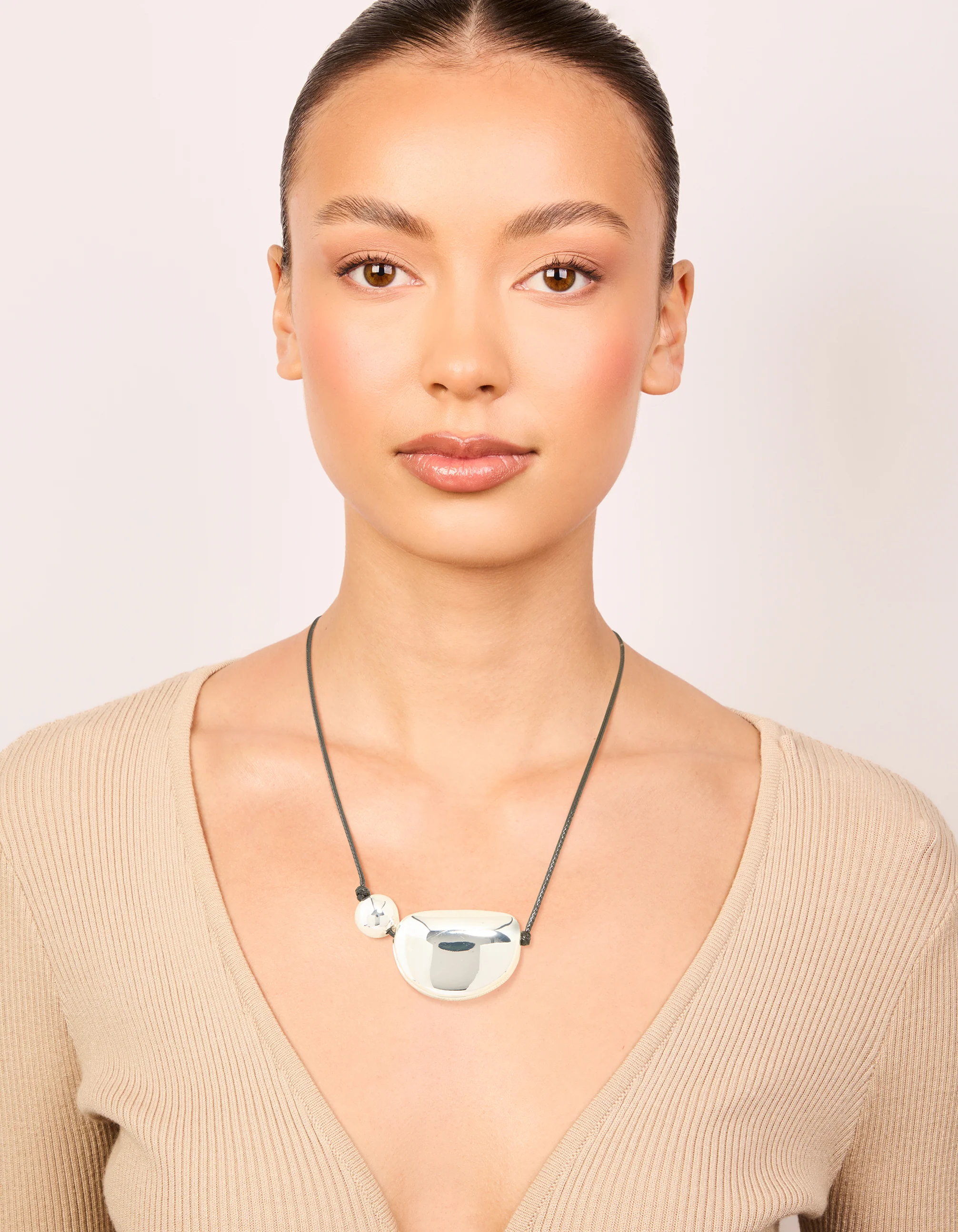 Silver Plated Pebble Cord Large Pendant Necklace - Image 3