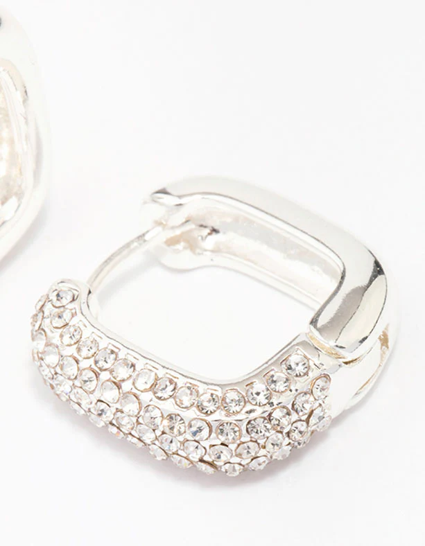 Silver Plated Square Pave Hoop Earrings - Image 2