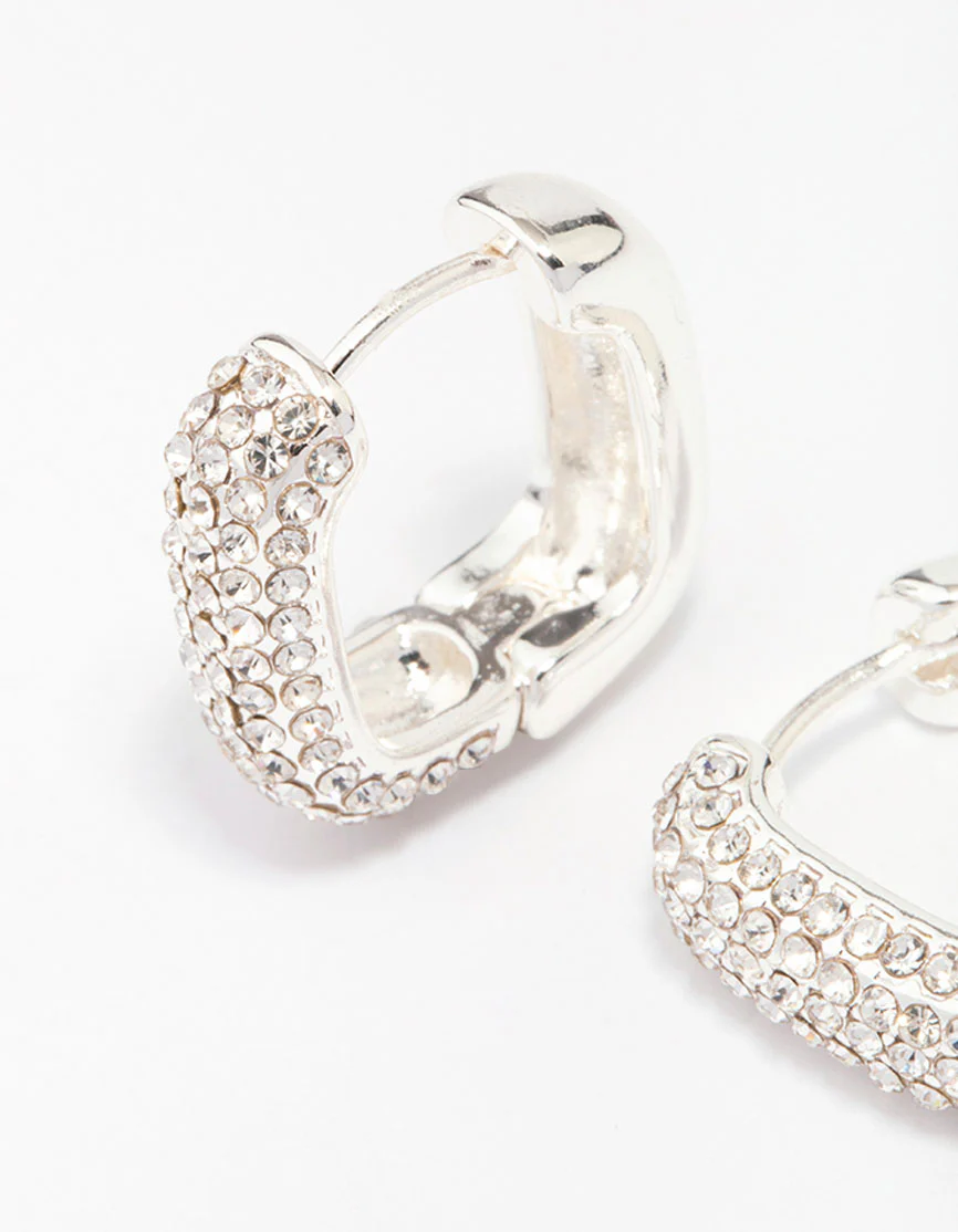 Silver Plated Square Pave Hoop Earrings - Image 3