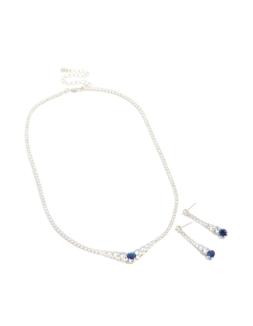 Silver Sapphire Blue Cubic Zirconia Graduating Pointed Earrings & Necklace Set - Image 2