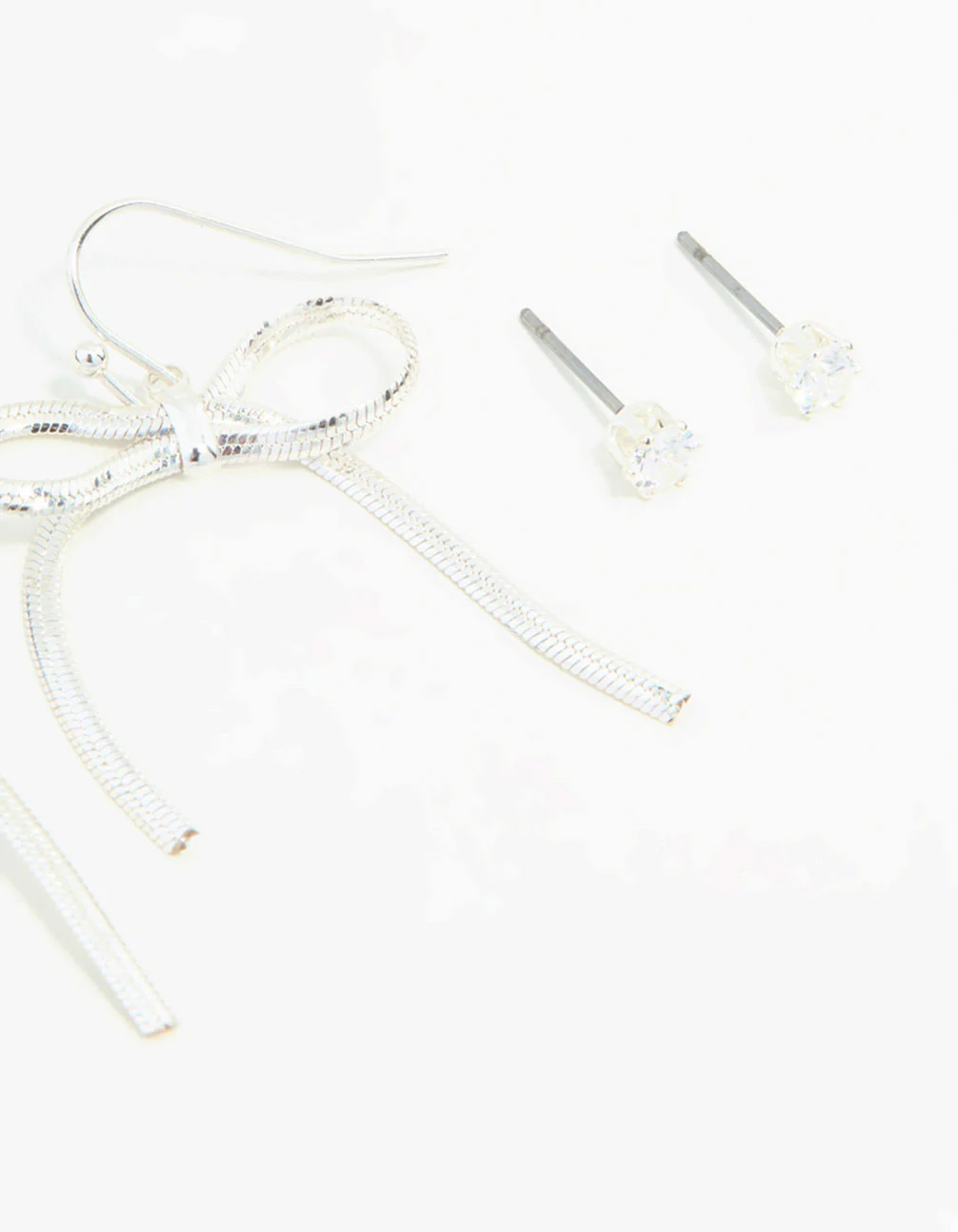 Silver Sleek Ball, Diamante & Bow Earrings 3-Pack - Image 3