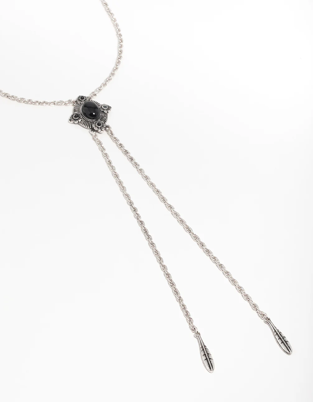 Silver Textured Black Stone Rhombus Y-Necklace