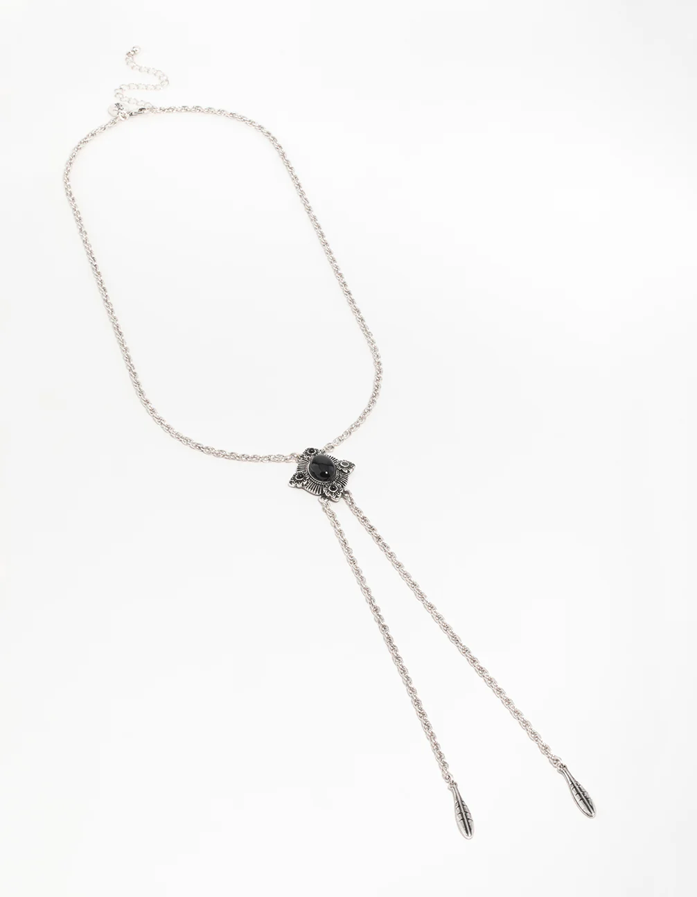 Silver Textured Black Stone Rhombus Y-Necklace - Image 2