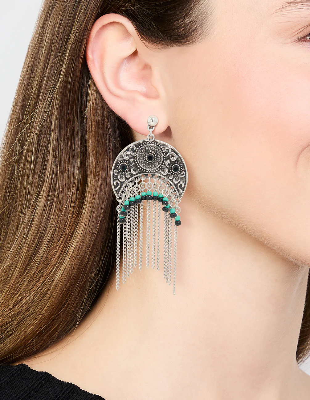 Silver Textured Patterned Drop Earrings - Image 2