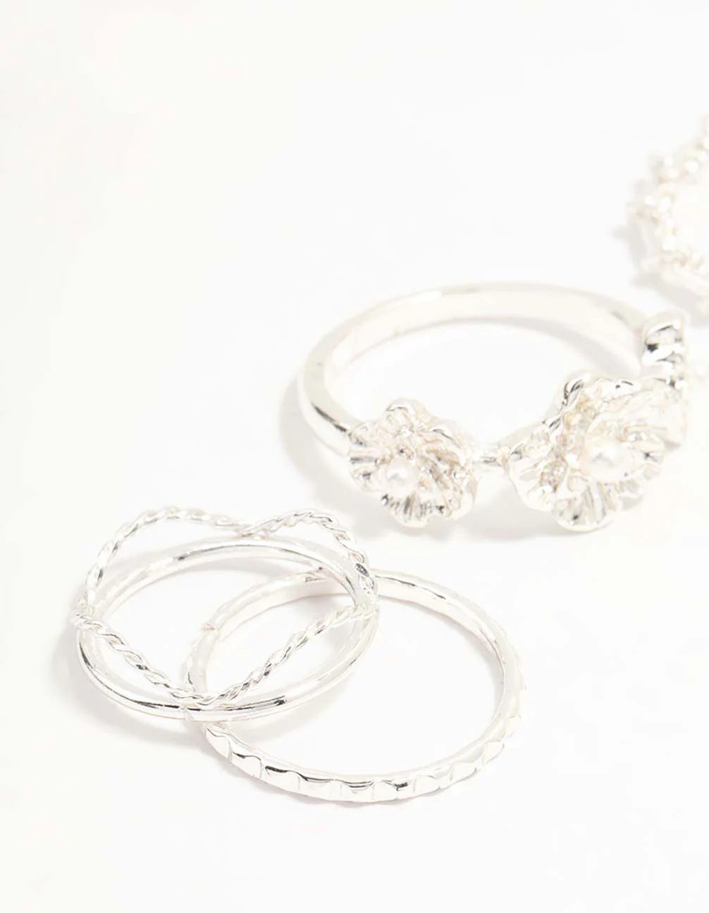 Silver Twisted, Sleek & Diamante Flower Style Rings 5-Pack - Image 2