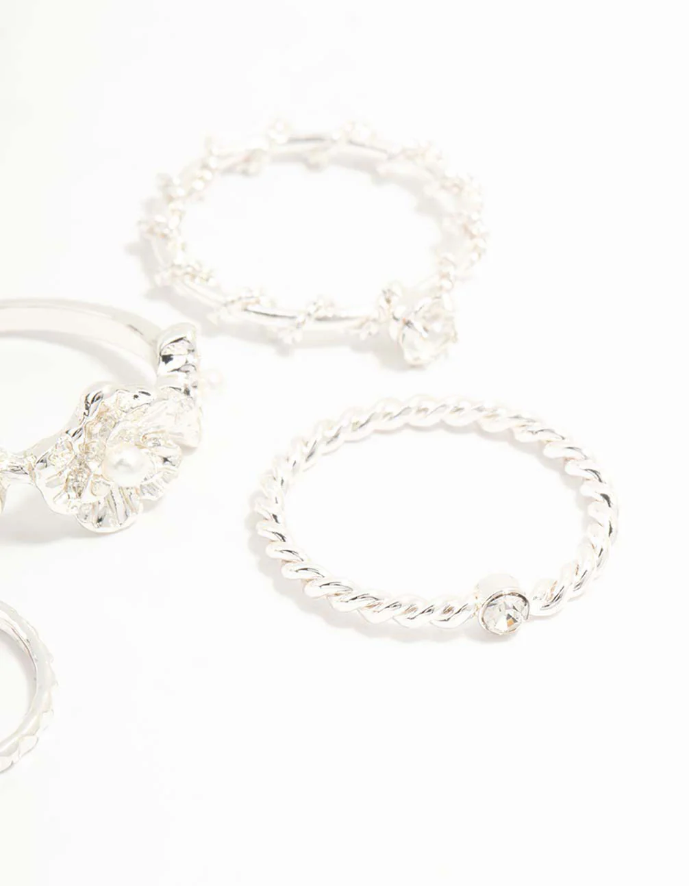 Silver Twisted, Sleek & Diamante Flower Style Rings 5-Pack - Image 3