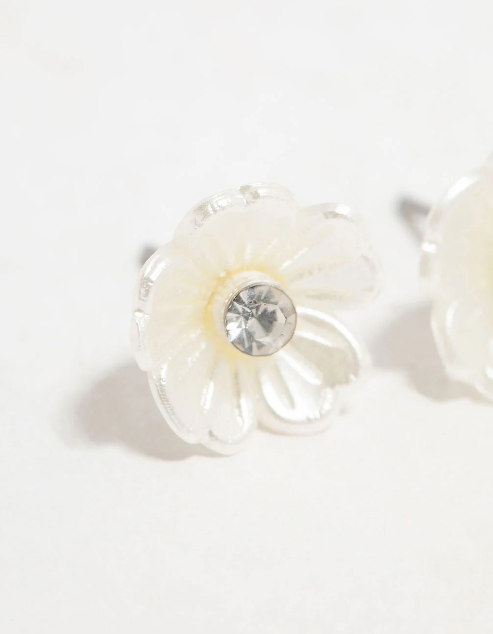 Silver White Flower Diamante Stud Earrings - Image 4