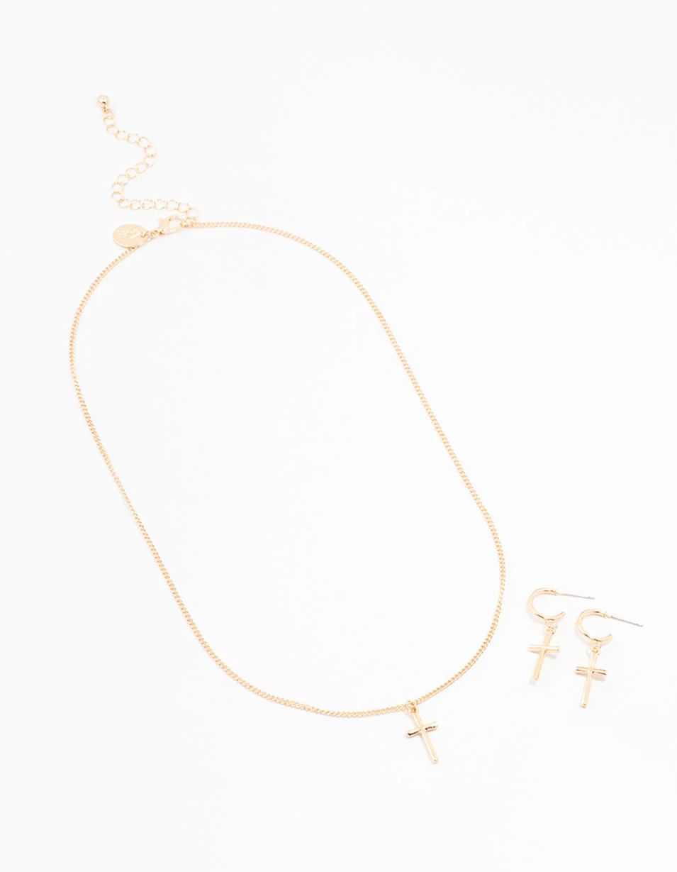 Sleek Gold Cross Necklace & Earring Set - Image 2