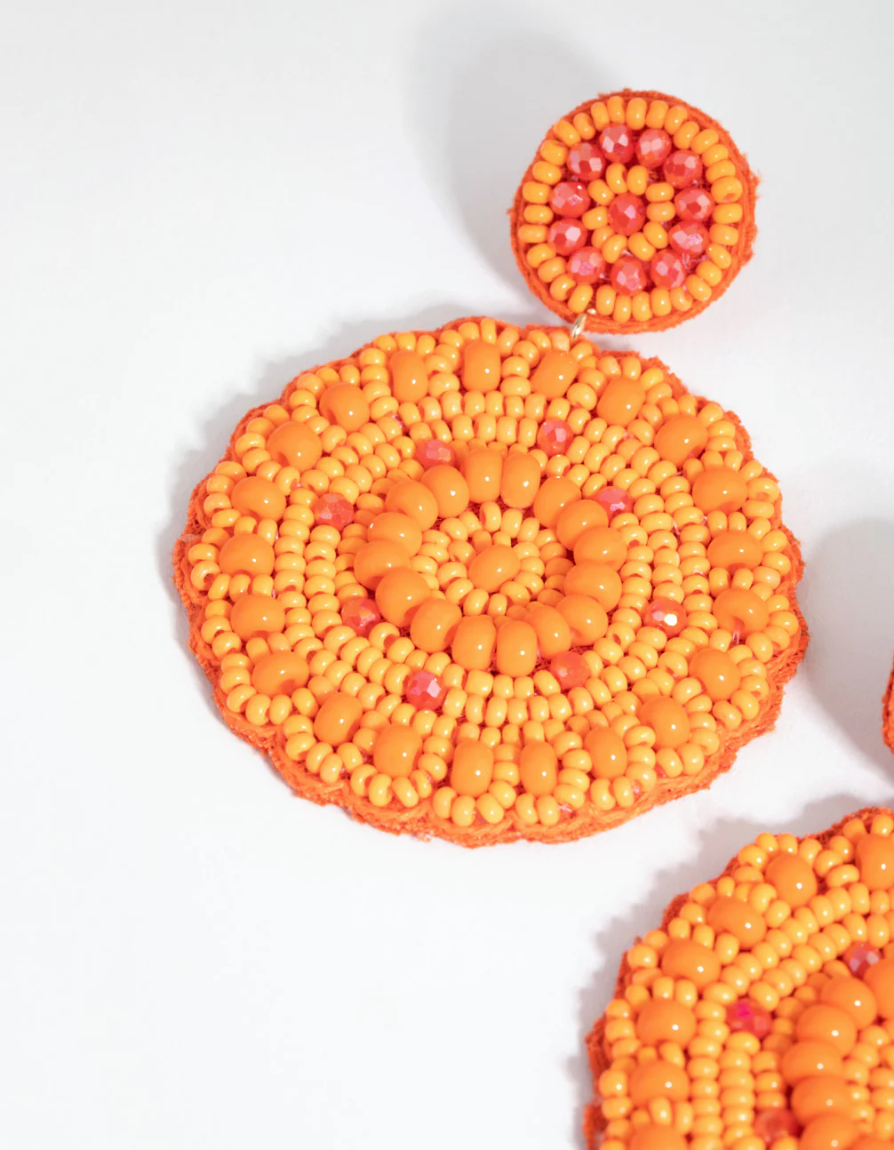 Orange Flat Circle Beaded Drop Earrings - Image 2