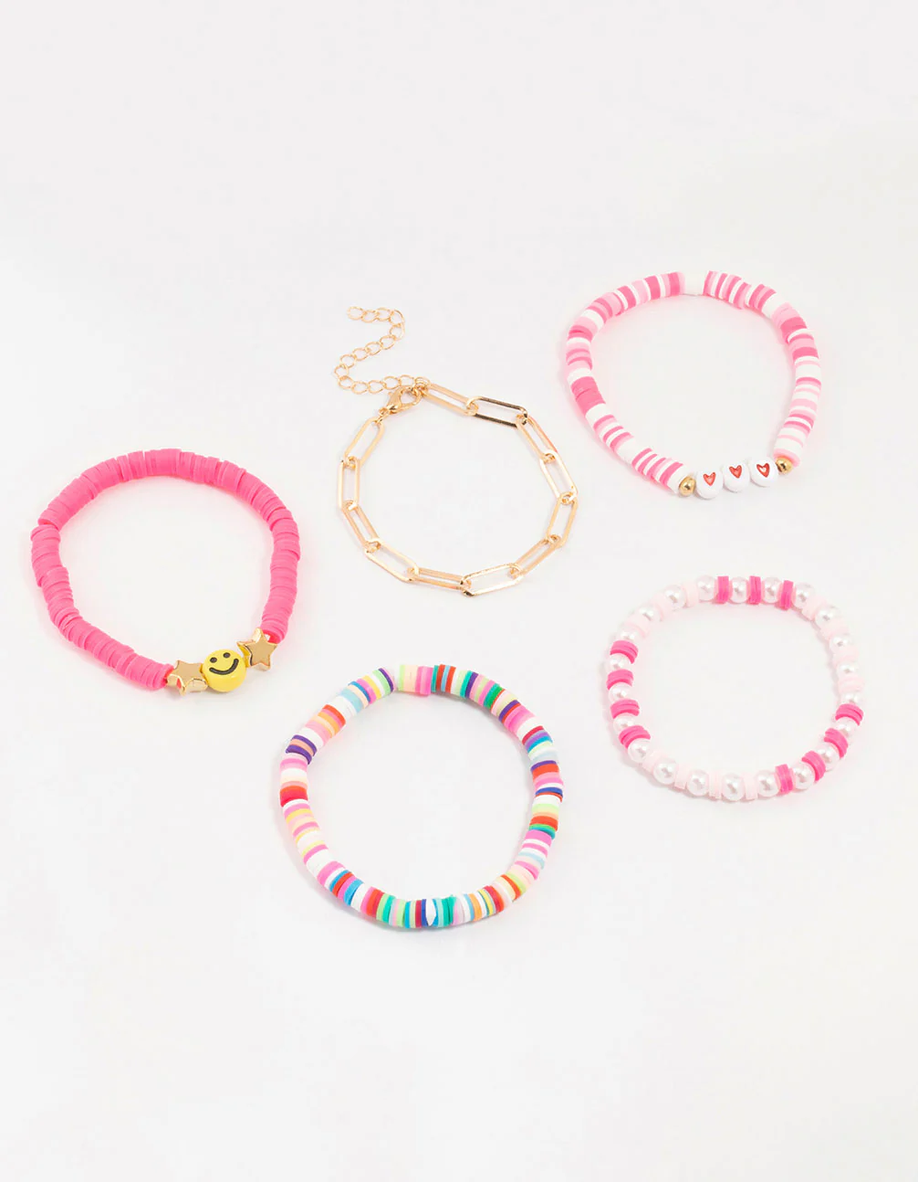 Smiley & Heart Beaded Gold Bracelets 5-Pack