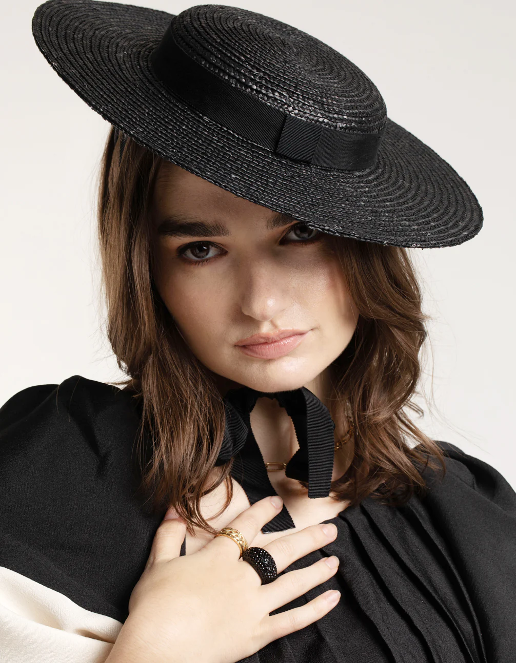 Black Ribbon Tie Braided Boater Hat - Image 2