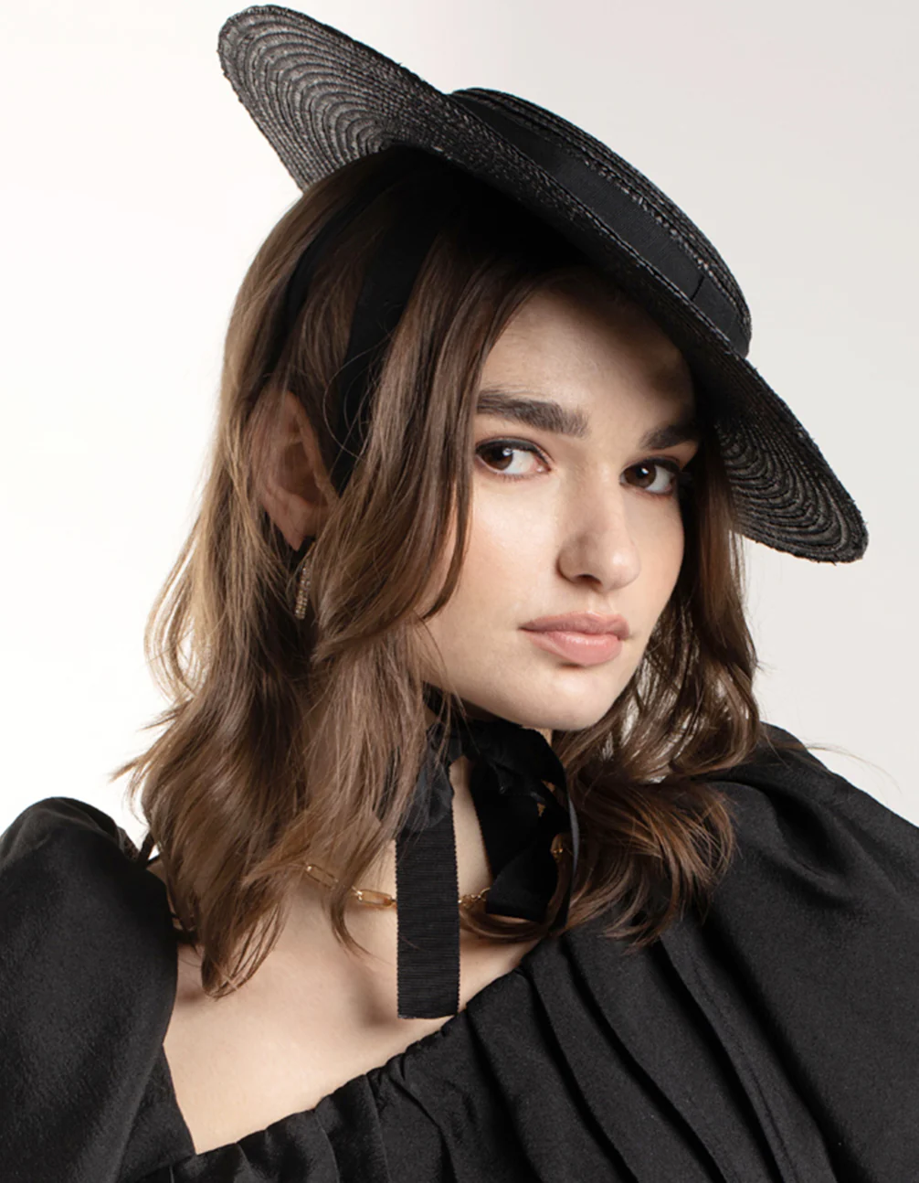 Black Ribbon Tie Braided Boater Hat - Image 5