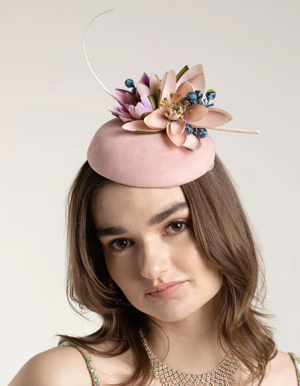 Blush Fabric Pillbox With Floral & Quill Detail - Image 2