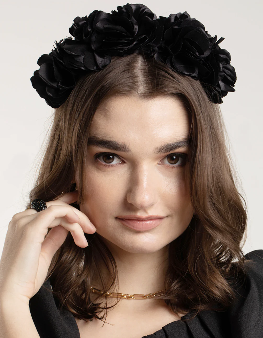 Black Satin Flower Veil Headband - Image 2