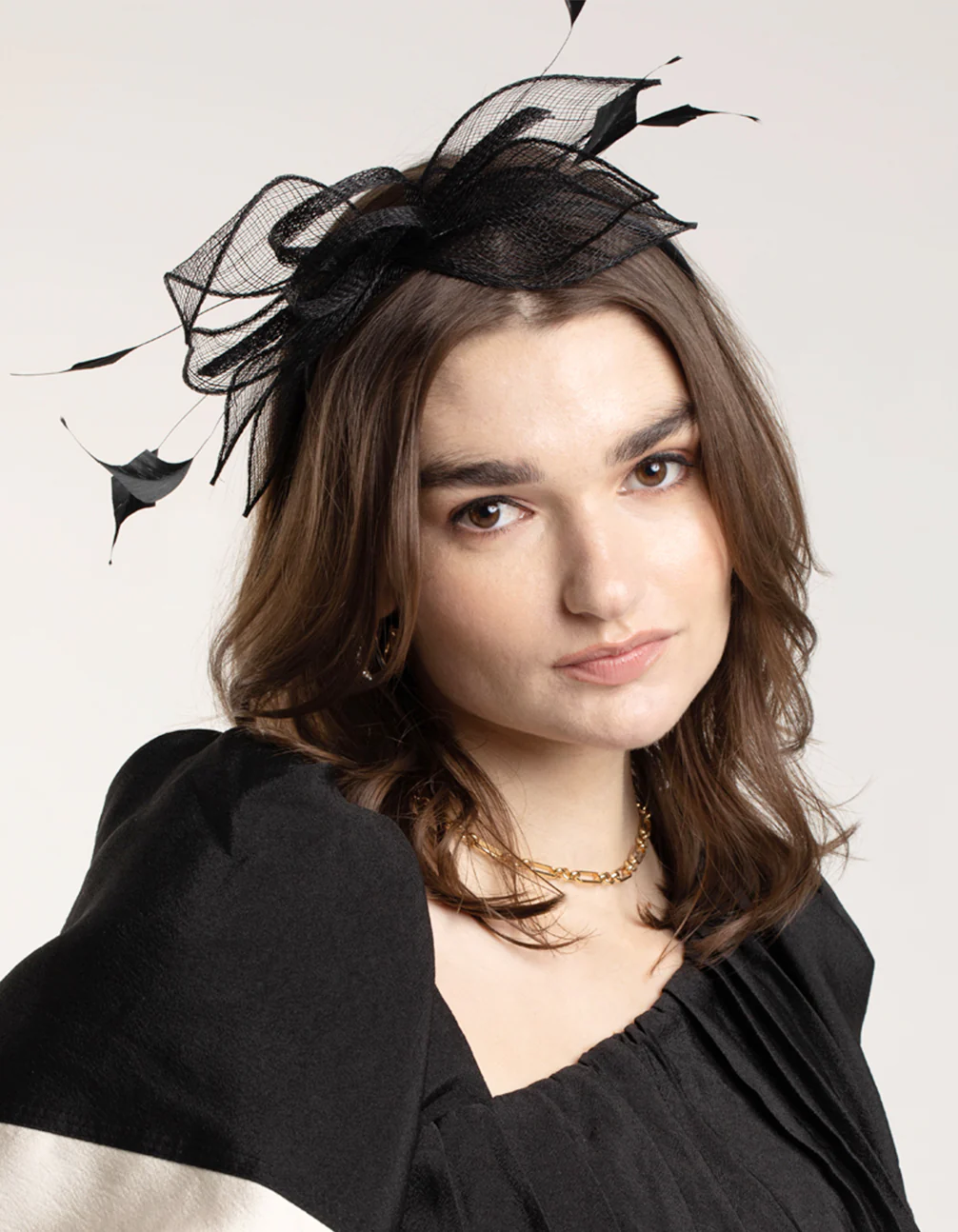 Black Sinamay Black Feather Leaf Fascinator - Image 2