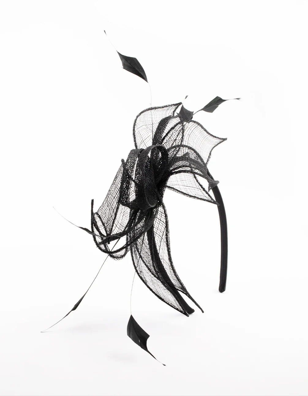 Black Sinamay Black Feather Leaf Fascinator - Image 3