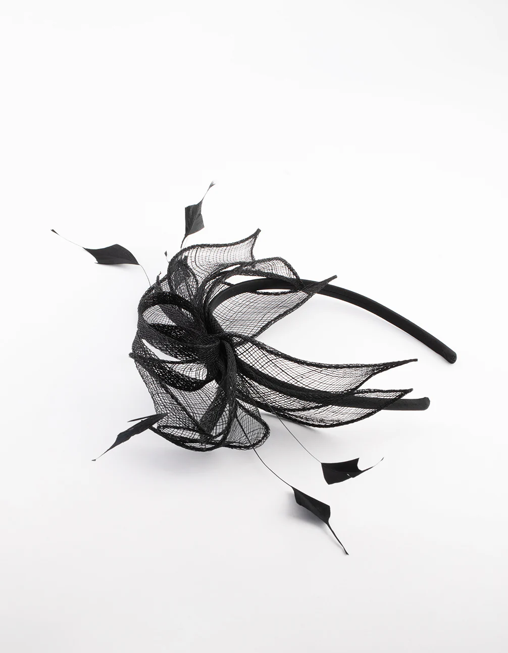 Black Sinamay Black Feather Leaf Fascinator - Image 4