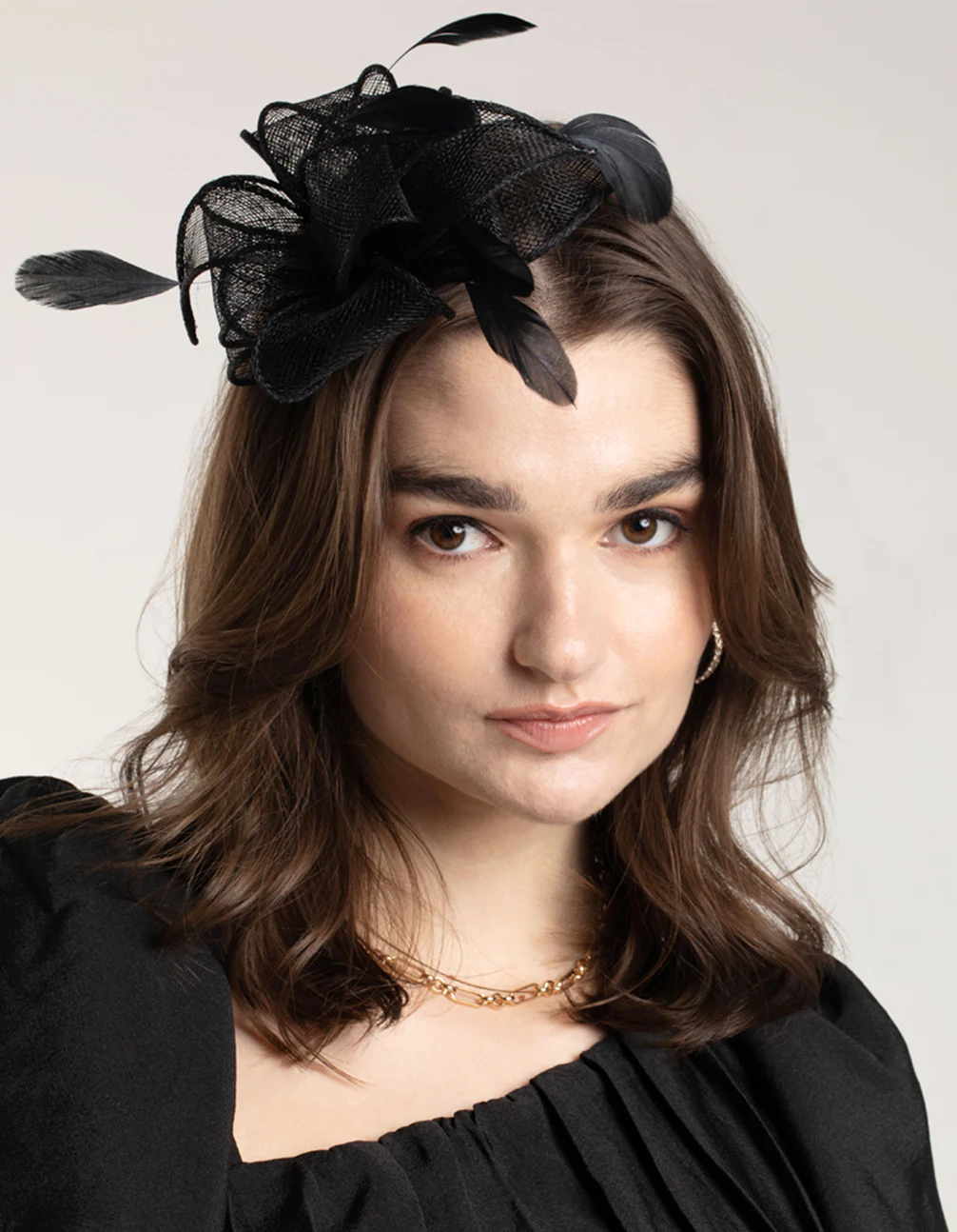 Black Looped Sinamay Fascinator Comb with Feathers - Image 2