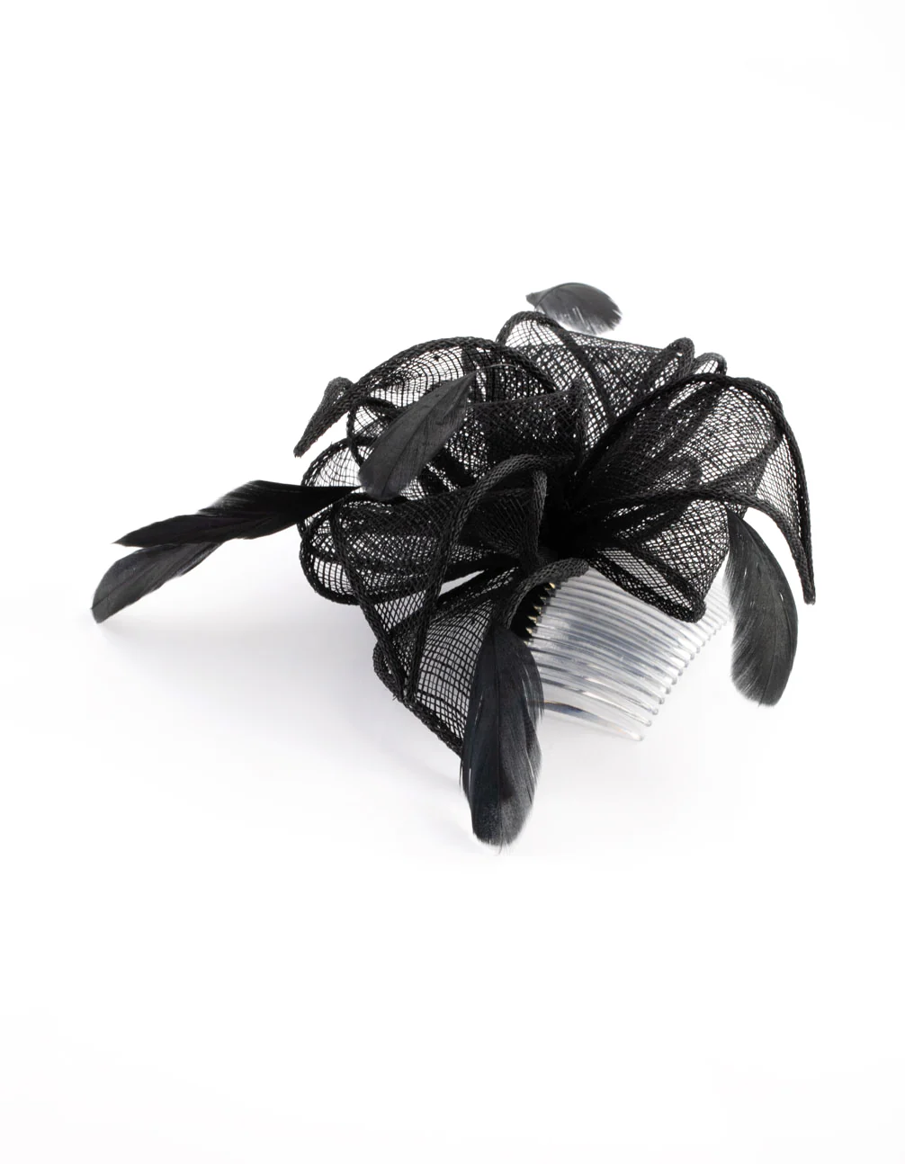 Black Looped Sinamay Fascinator Comb with Feathers - Image 3