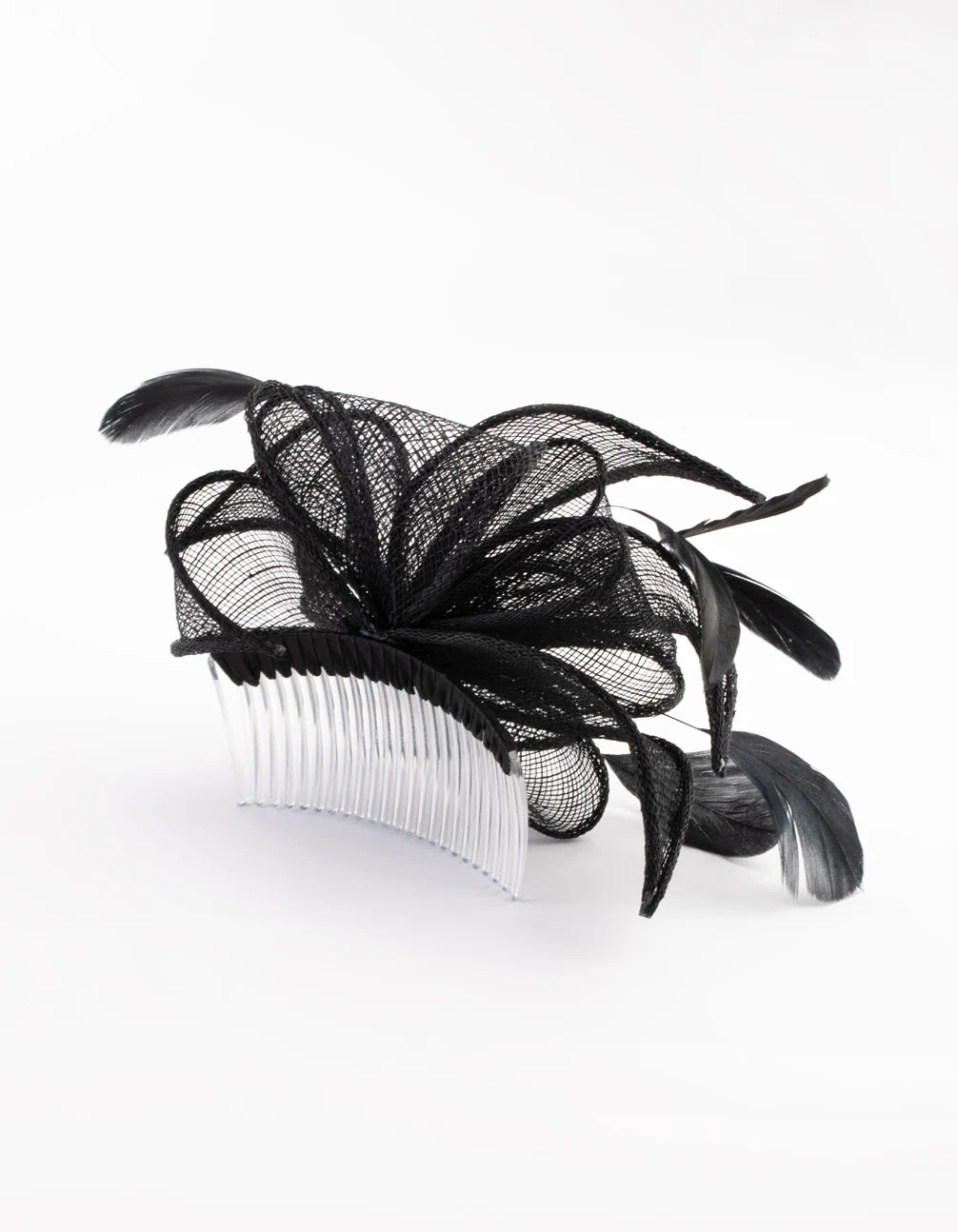 Black Looped Sinamay Fascinator Comb with Feathers - Image 4