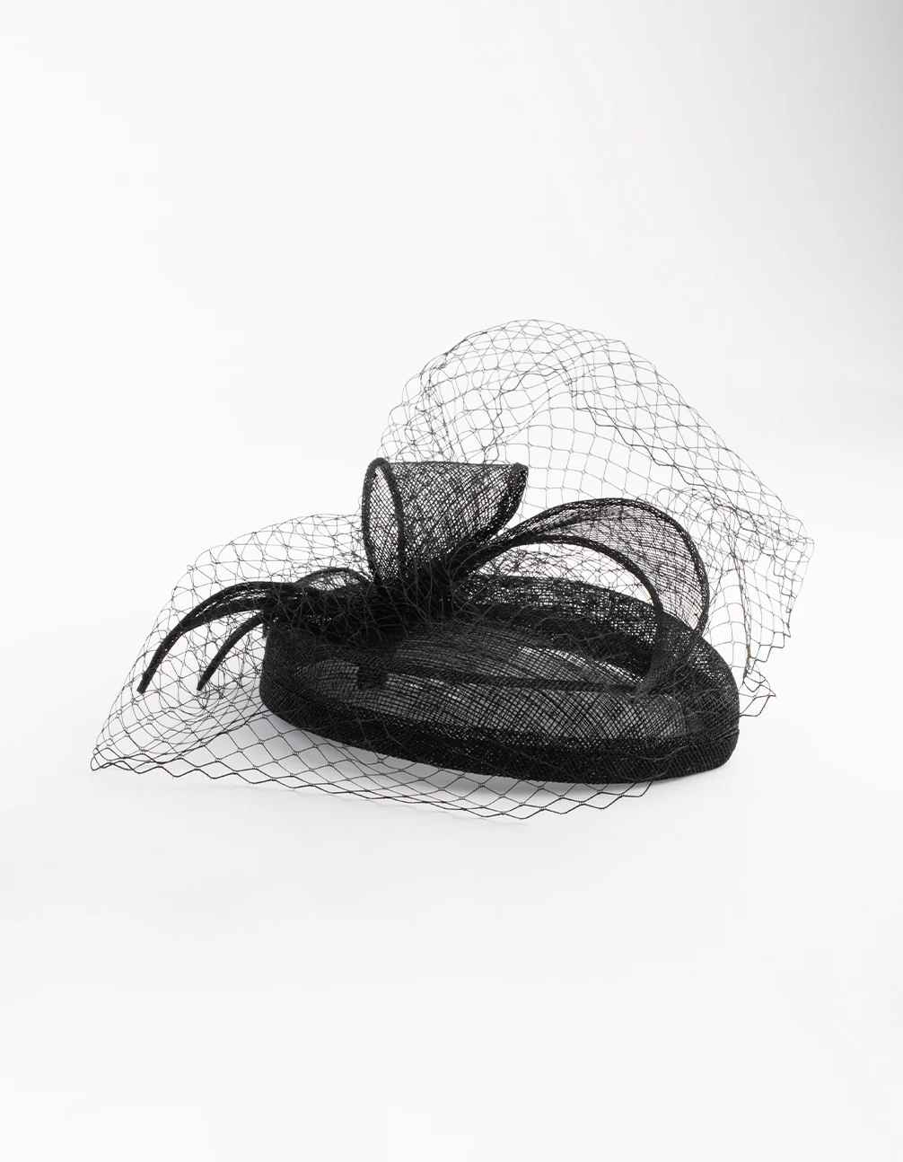Black Sinamay Pillbox Comb with Netting Detail - Image 3