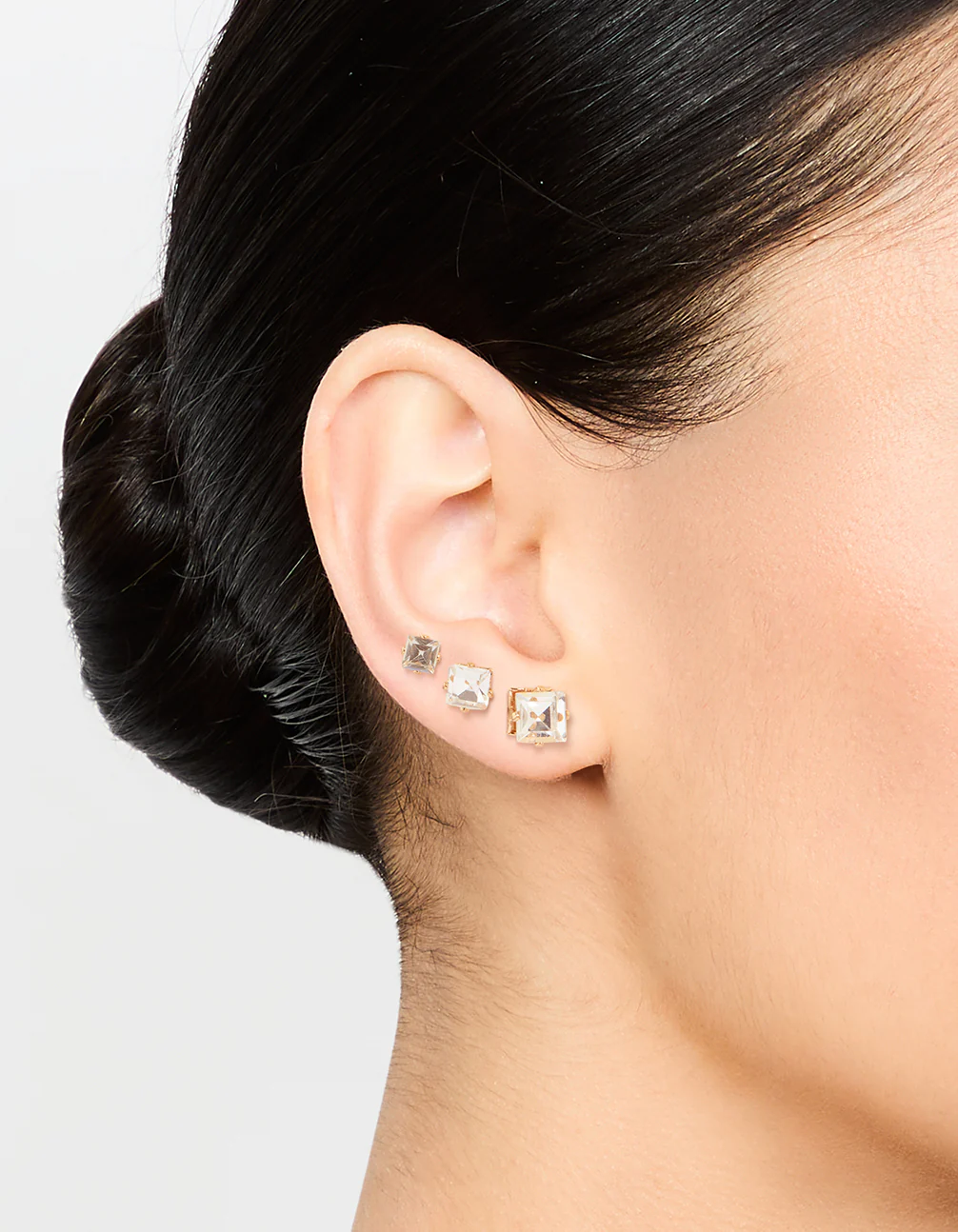 Gold Square Diamante Stud Earrings 3-Pack - Image 2