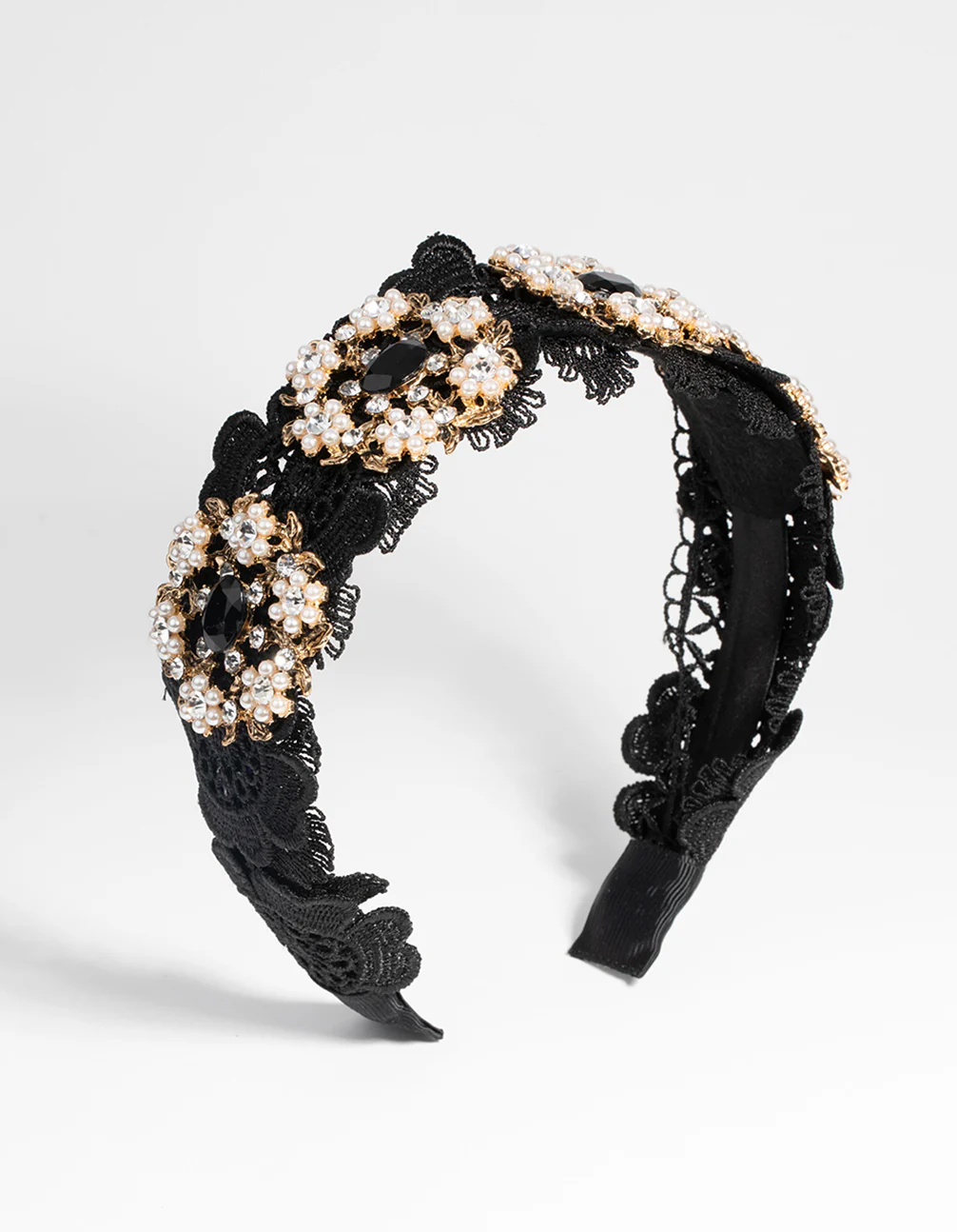 Black Lace & Flower Beaded Headband - Image 2