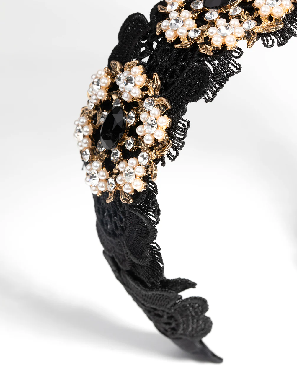 Black Lace & Flower Beaded Headband - Image 3