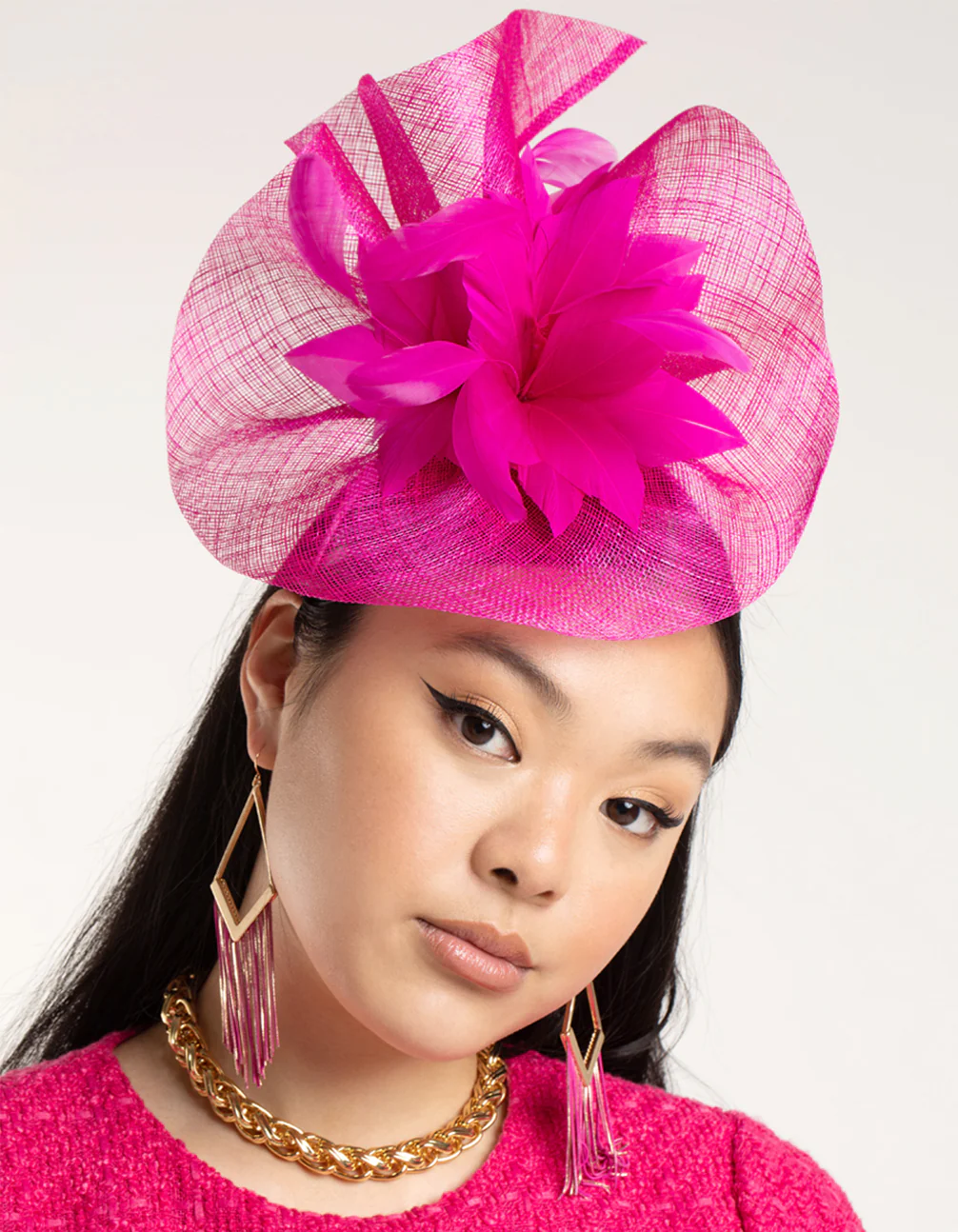 Hot Pink Satin Headband with Feathered Flowers - Image 2