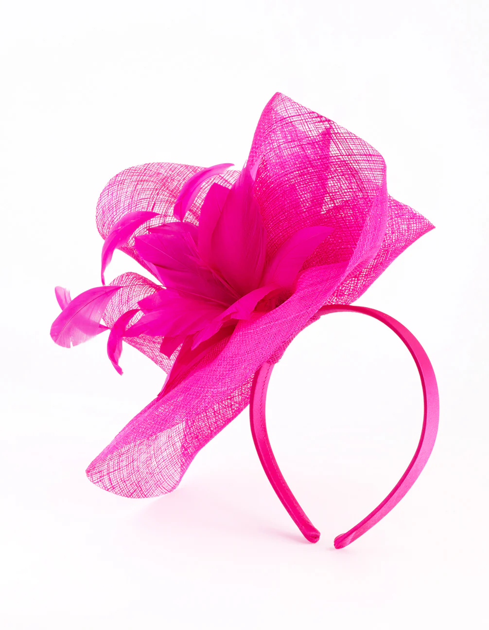 Hot Pink Satin Headband with Feathered Flowers - Image 3