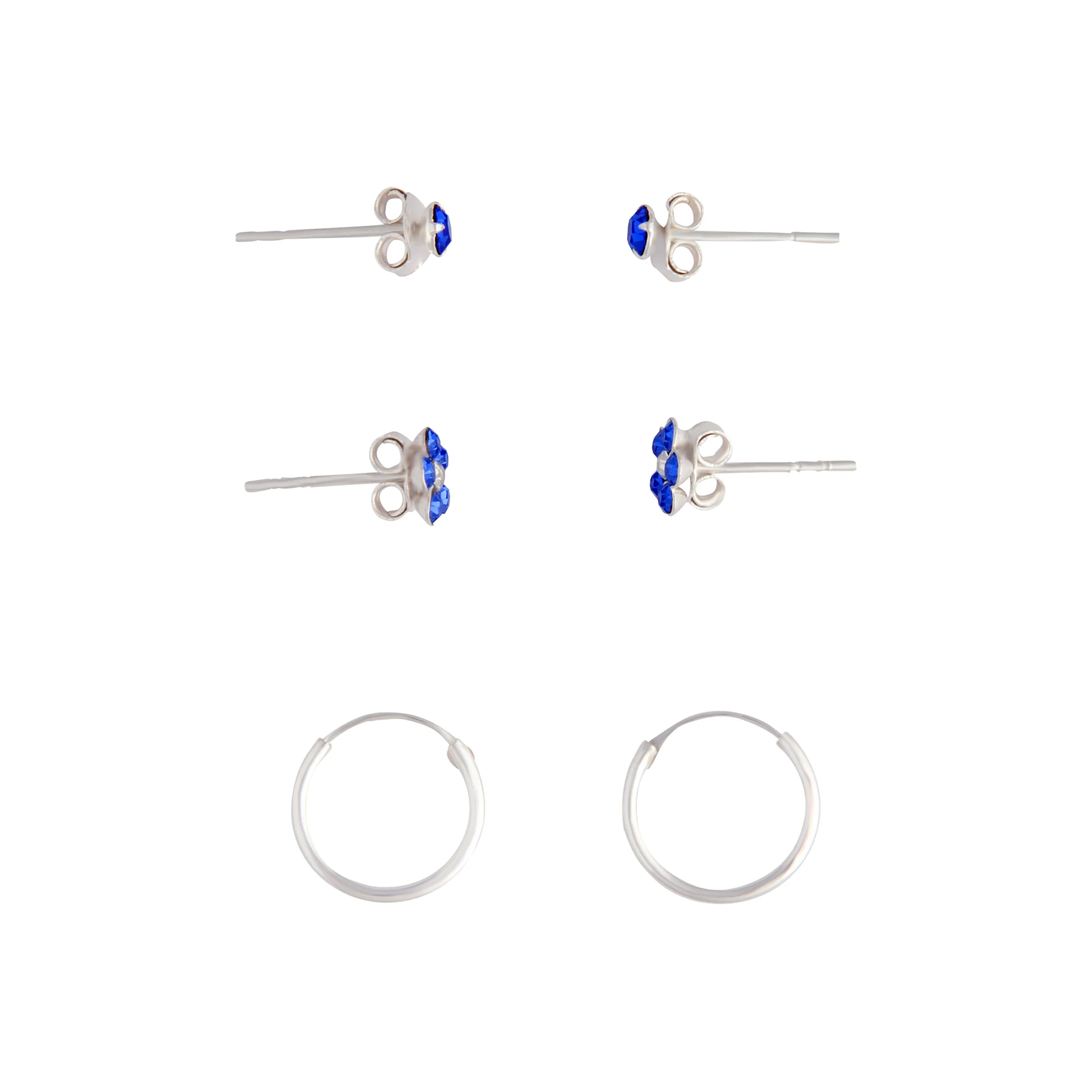 Sterling Silver Blue Stud, Flower & Hoop Pack - Image 2