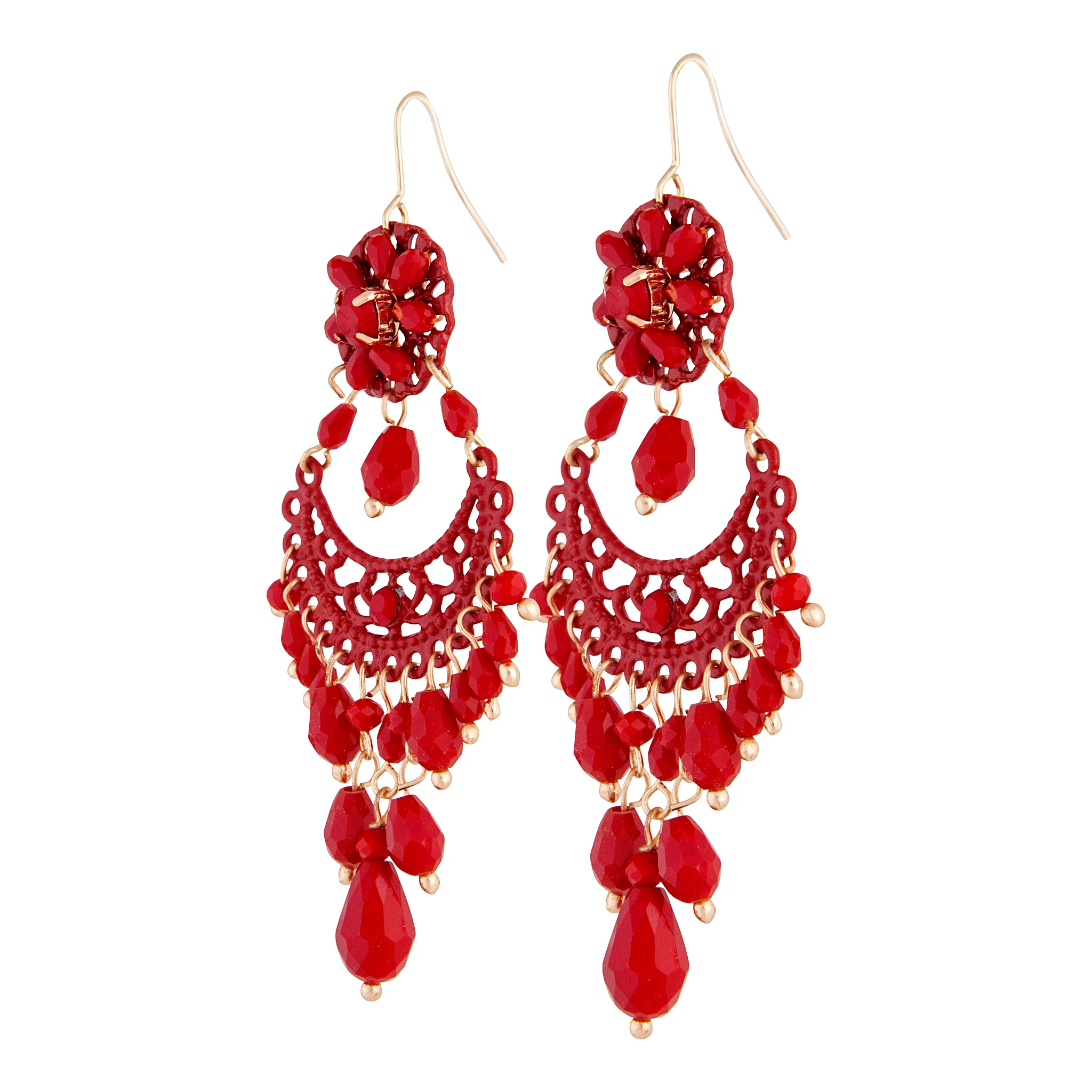 Red Beaded Chandelier Drop Earrings - Image 2
