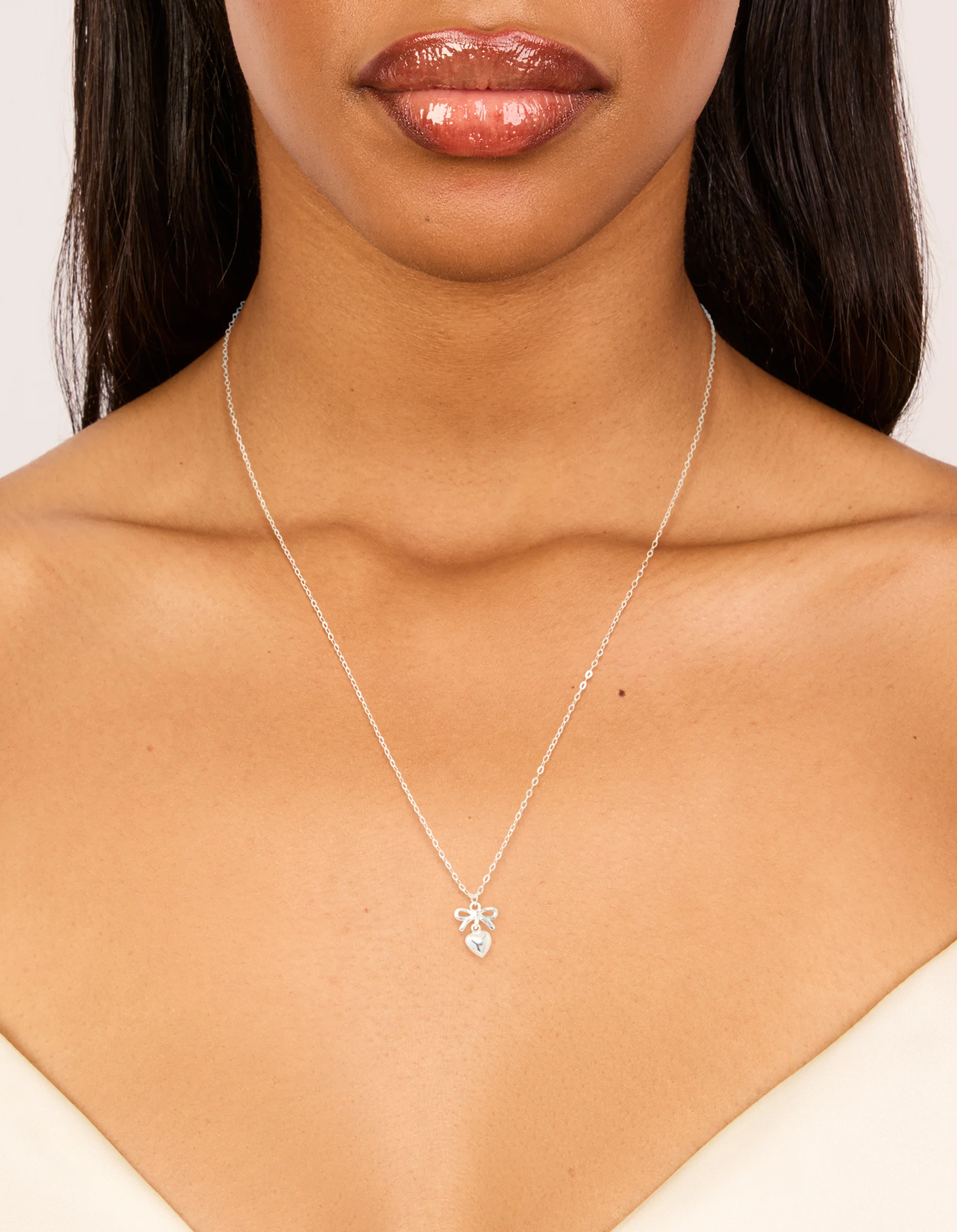 Sterling Silver Bow & Heart Drop Necklace - Image 2