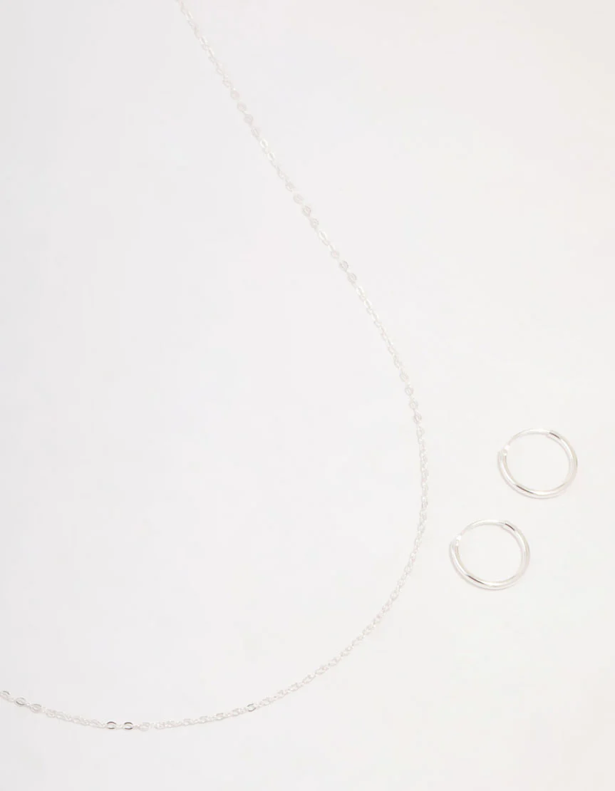 Sterling Silver Chain Necklace & Hoop Earrings Set
