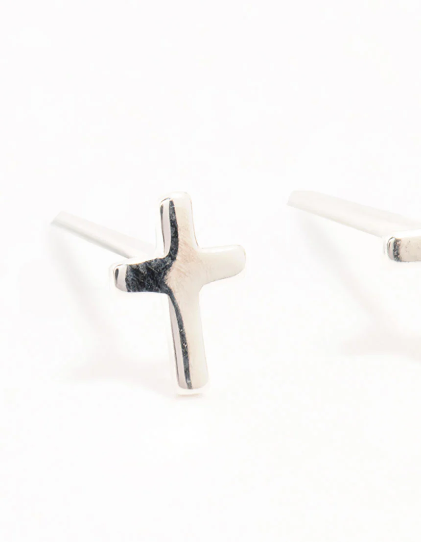 Sterling Silver Clean Cross Stud Earrings - Image 2