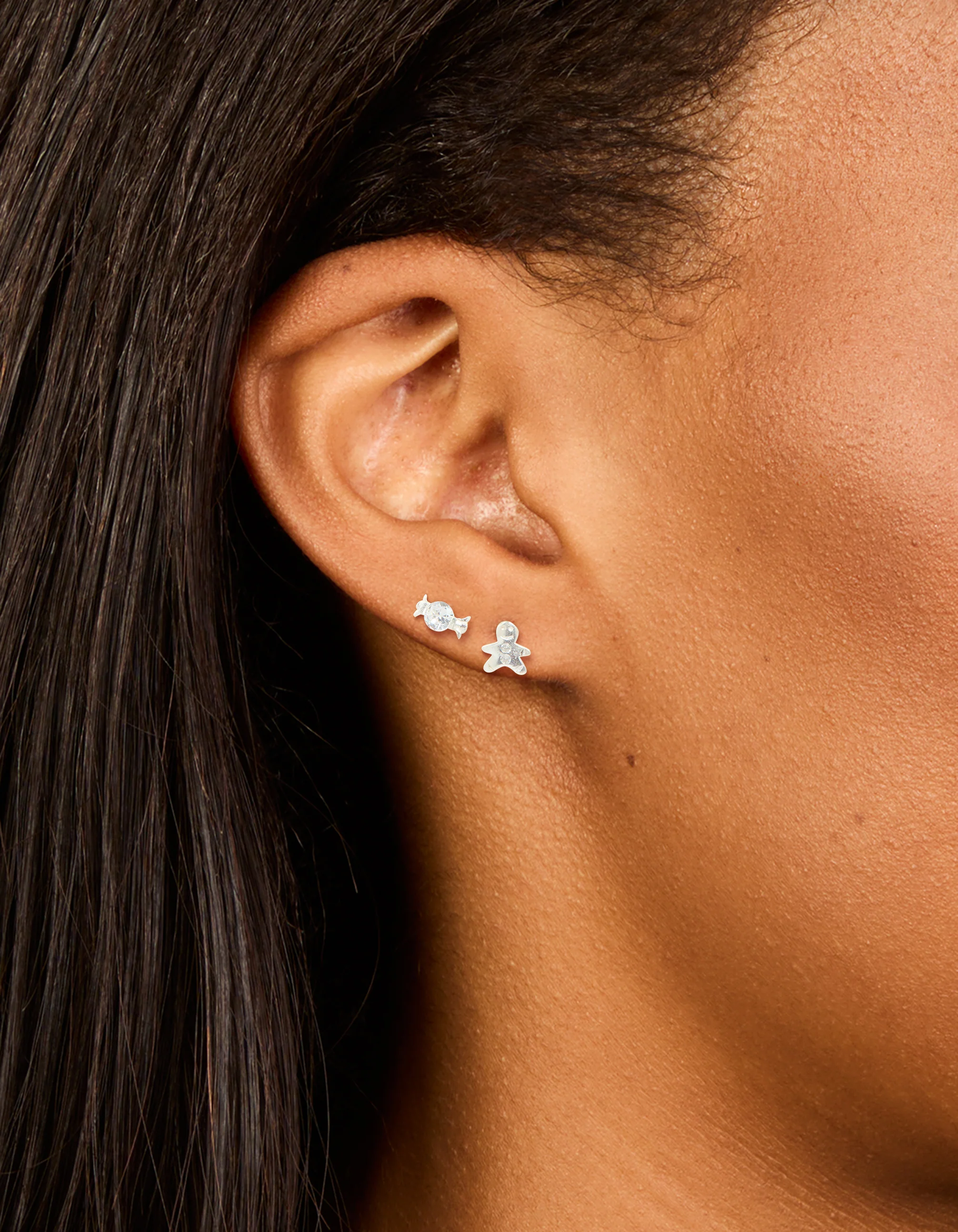 Sterling Silver Cubic Zirconia Xmas Gingerbread Man & Candy Stud Earrings 2-Pack - Image 2