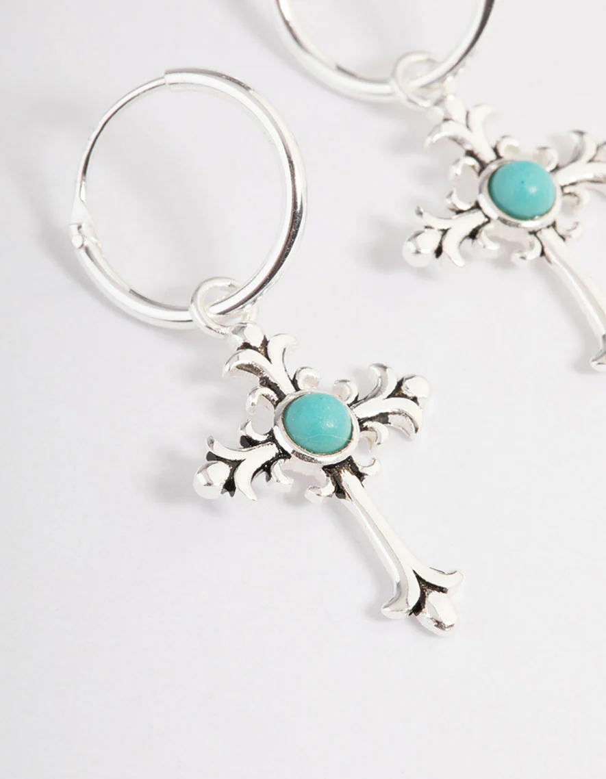 Sterling Silver Antique Cross Hoop Earrings - Image 2