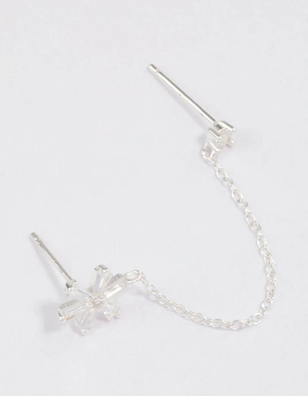 Sterling Silver Baguette Flower Chain Stud Earrings - Image 2