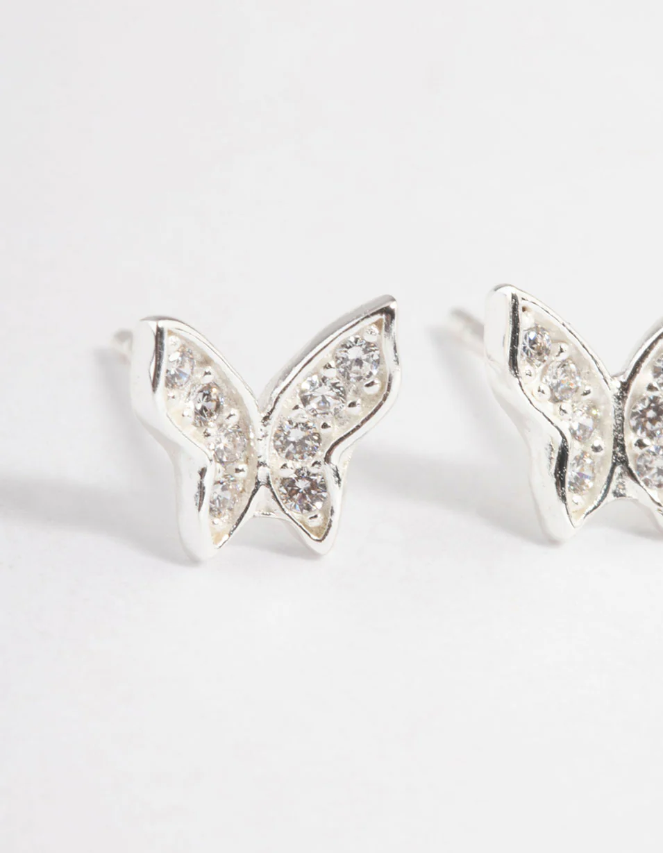 Sterling Silver Cubic Zirconia Pave Butterfly Stud Earrings - Image 2