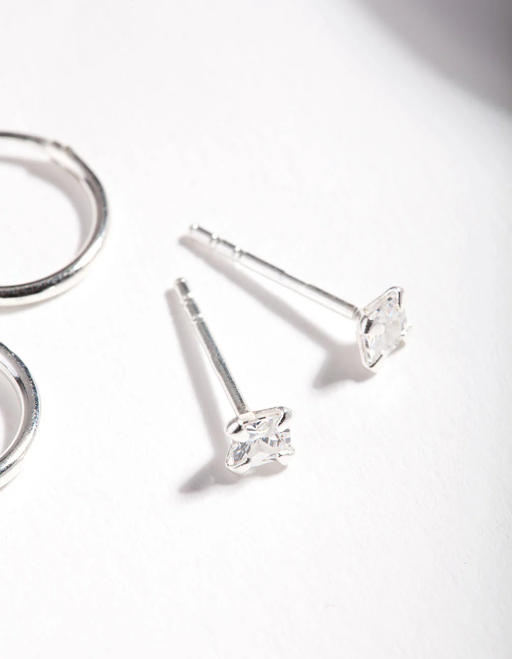 Sterling Silver Cubic Zirconia Princess Stud Hoop Earring Pack - Image 2