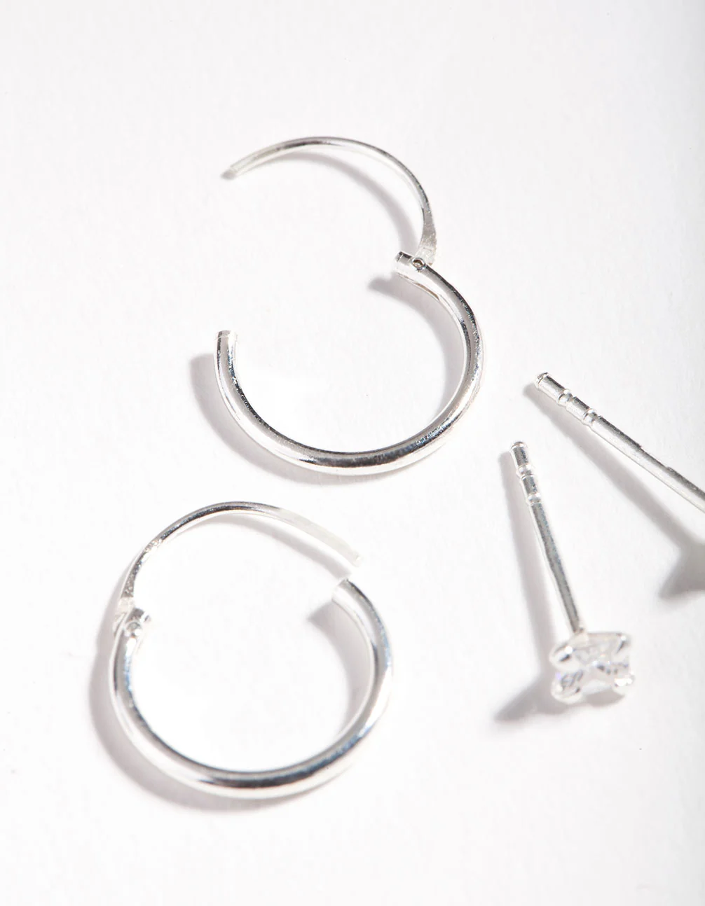 Sterling Silver Cubic Zirconia Princess Stud Hoop Earring Pack - Image 3
