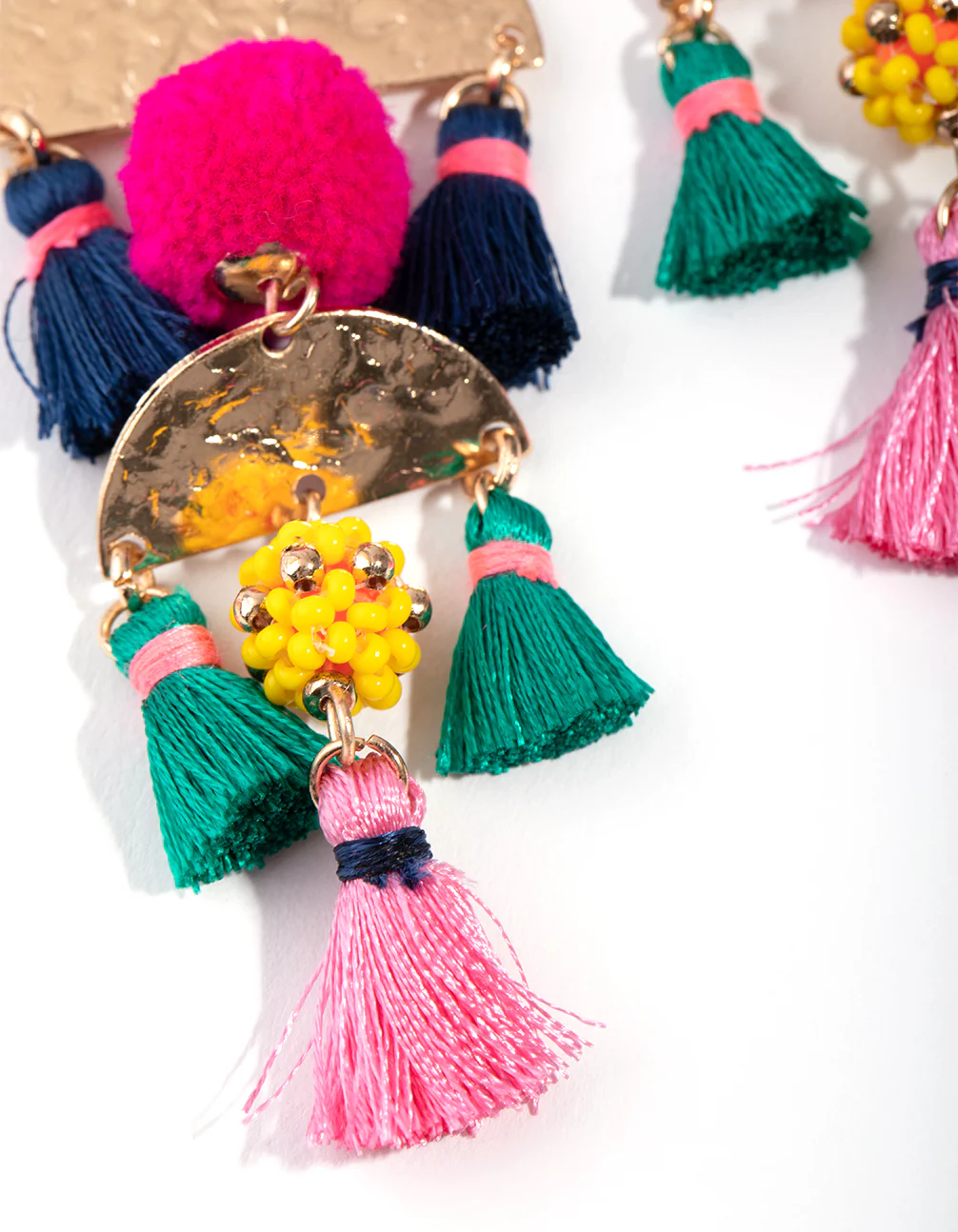 Gold Pom Pom Tassel Drop Earrings - Image 2