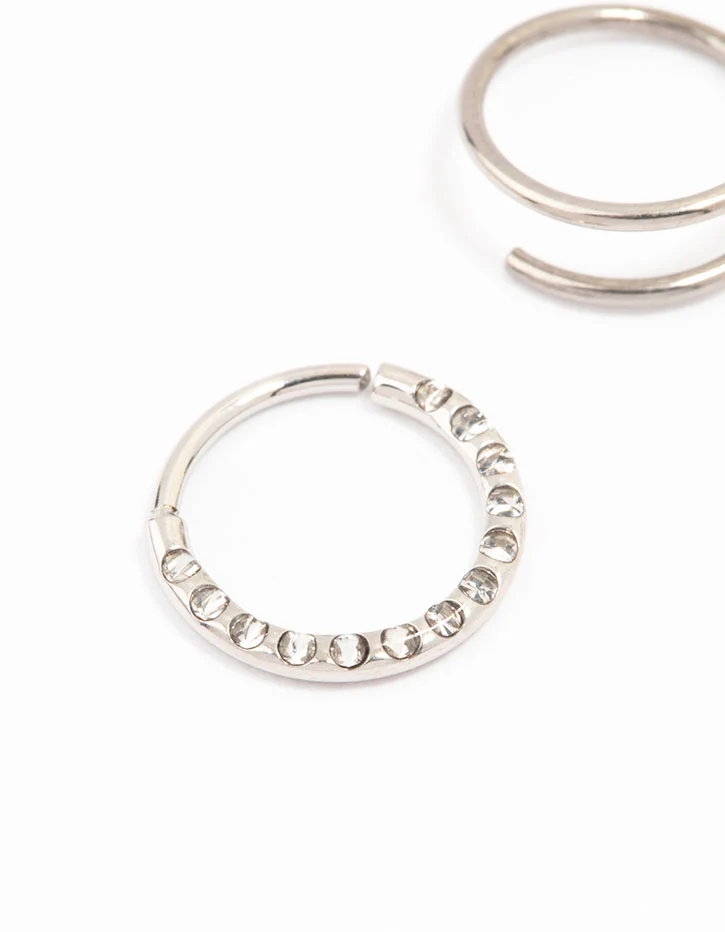 Surgical Steel Cubic Zirconia And Spiral Nose Ring 2-Pack - Image 2