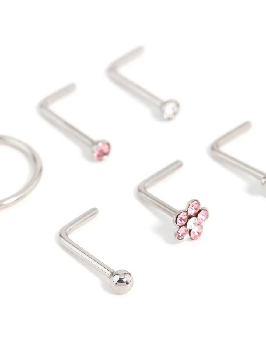 Surgical Steel Cubic Zirconia Flower & Heart Nose Piercing 6-Pack - Image 2