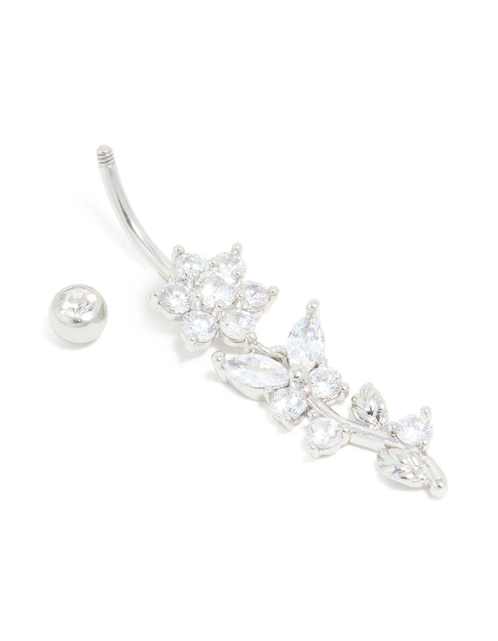 Surgical Steel Cubic Zirconia Large Flower Vine Drop Belly Bar - Image 3